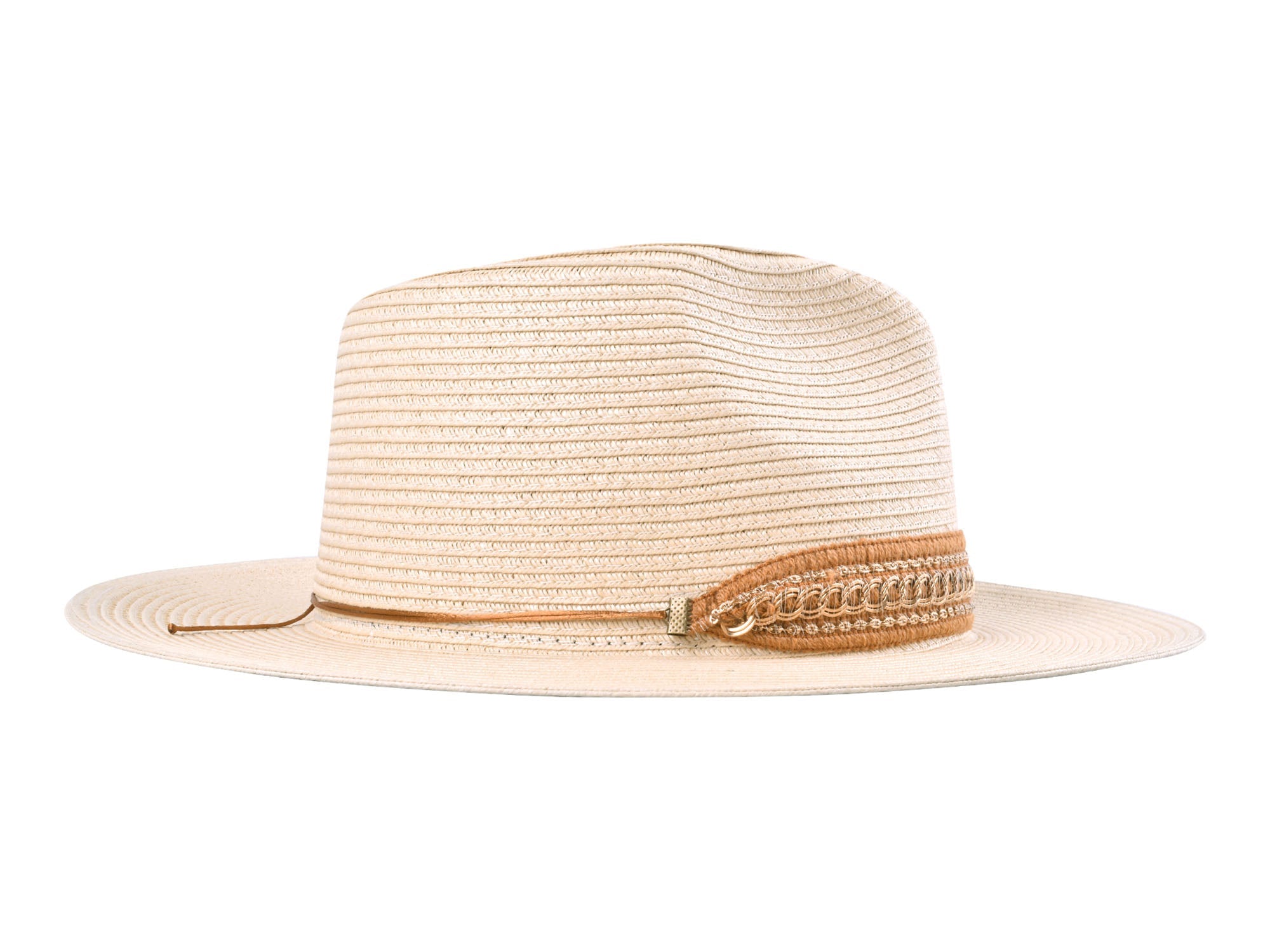 Beige straw hat with a band on a white background