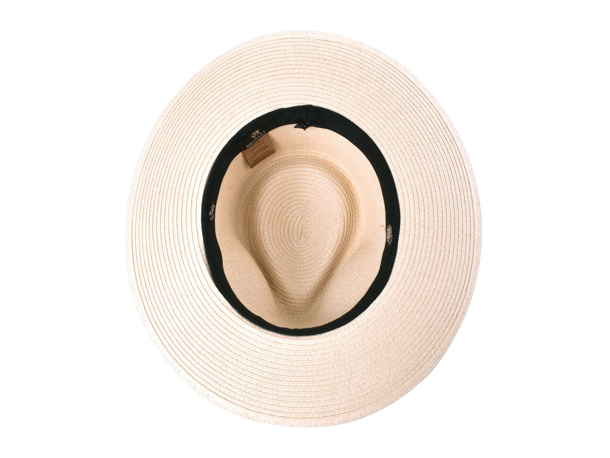 Beige straw hat with black band on a white background