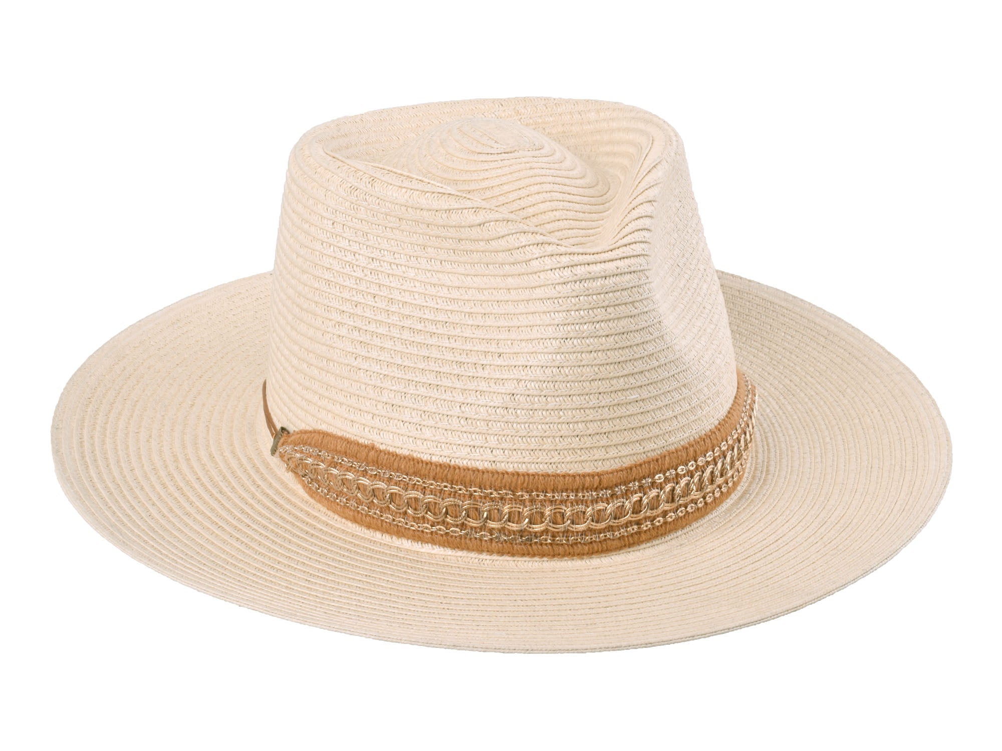Beige straw hat with a brown band on a white background