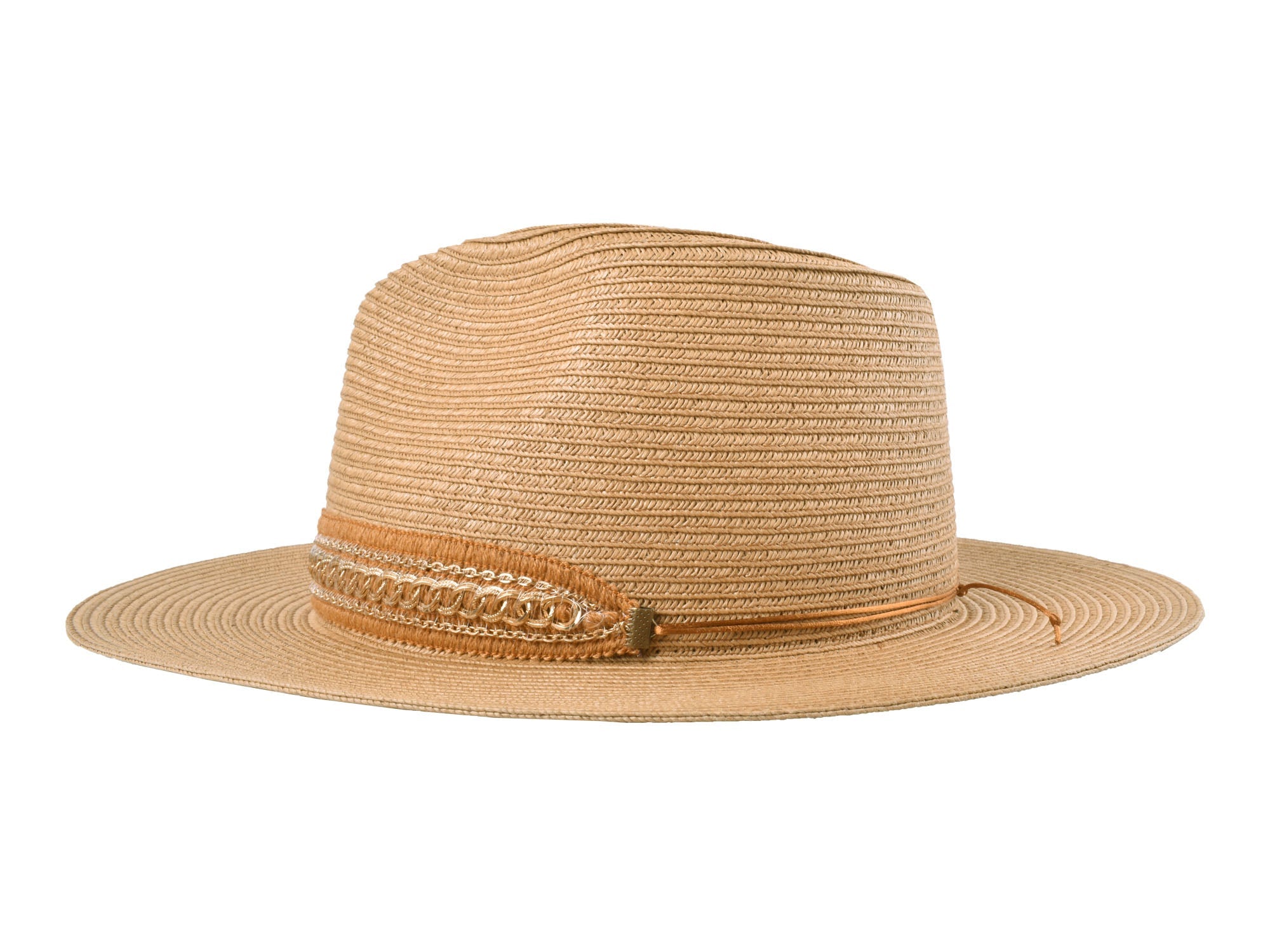 Beige straw hat with a decorative band on a white background