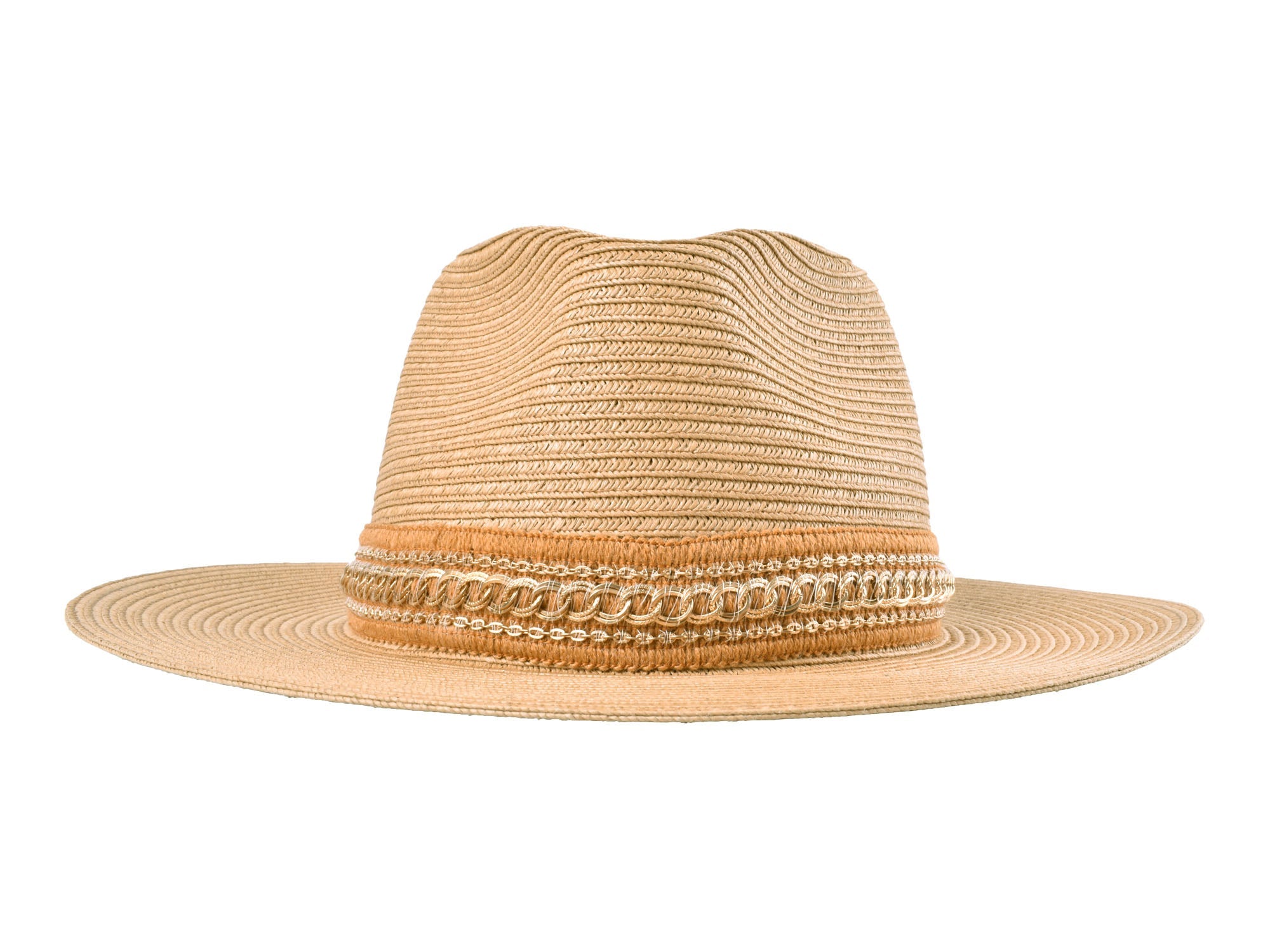 Beige straw hat with decorative band on a white background
