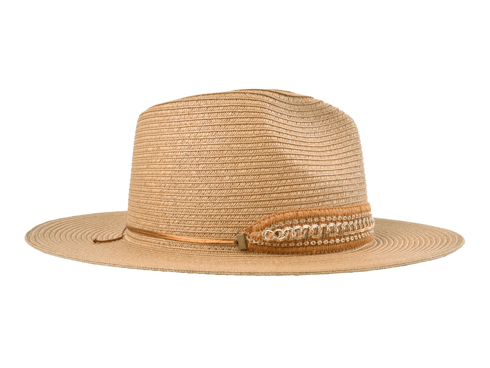 Beige straw hat with a decorative band on a white background