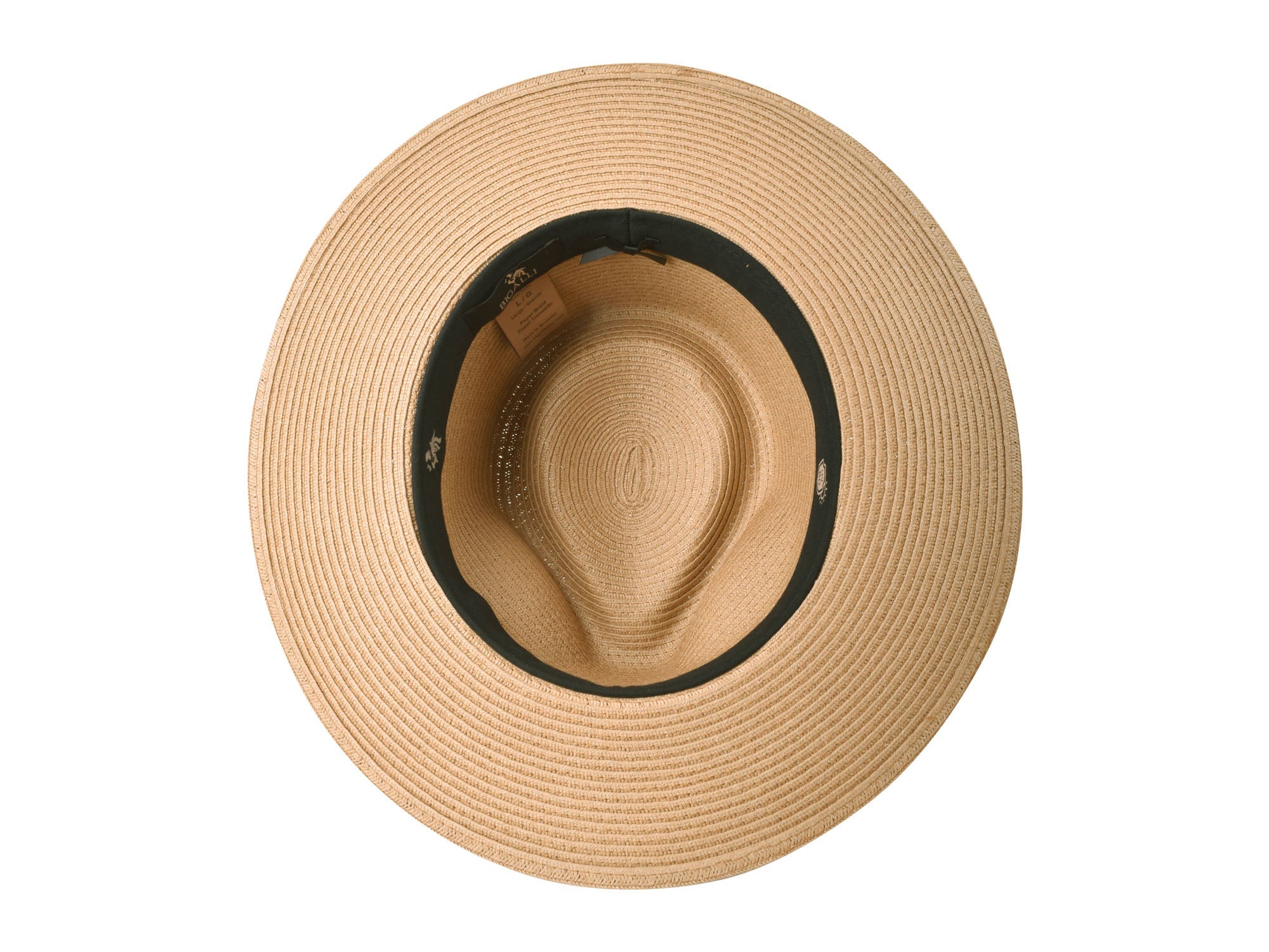 Beige straw hat with black band on a white background