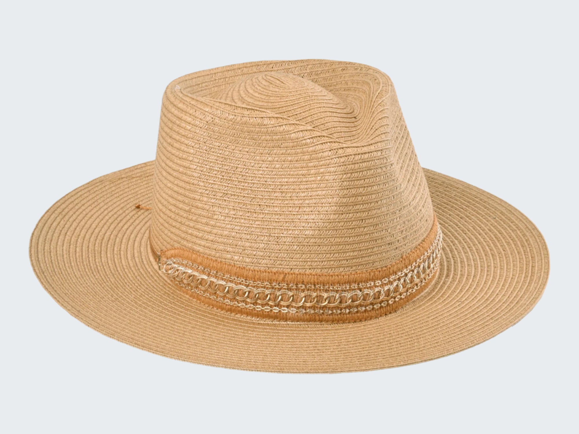 Beige straw hat with a decorative band on a white background