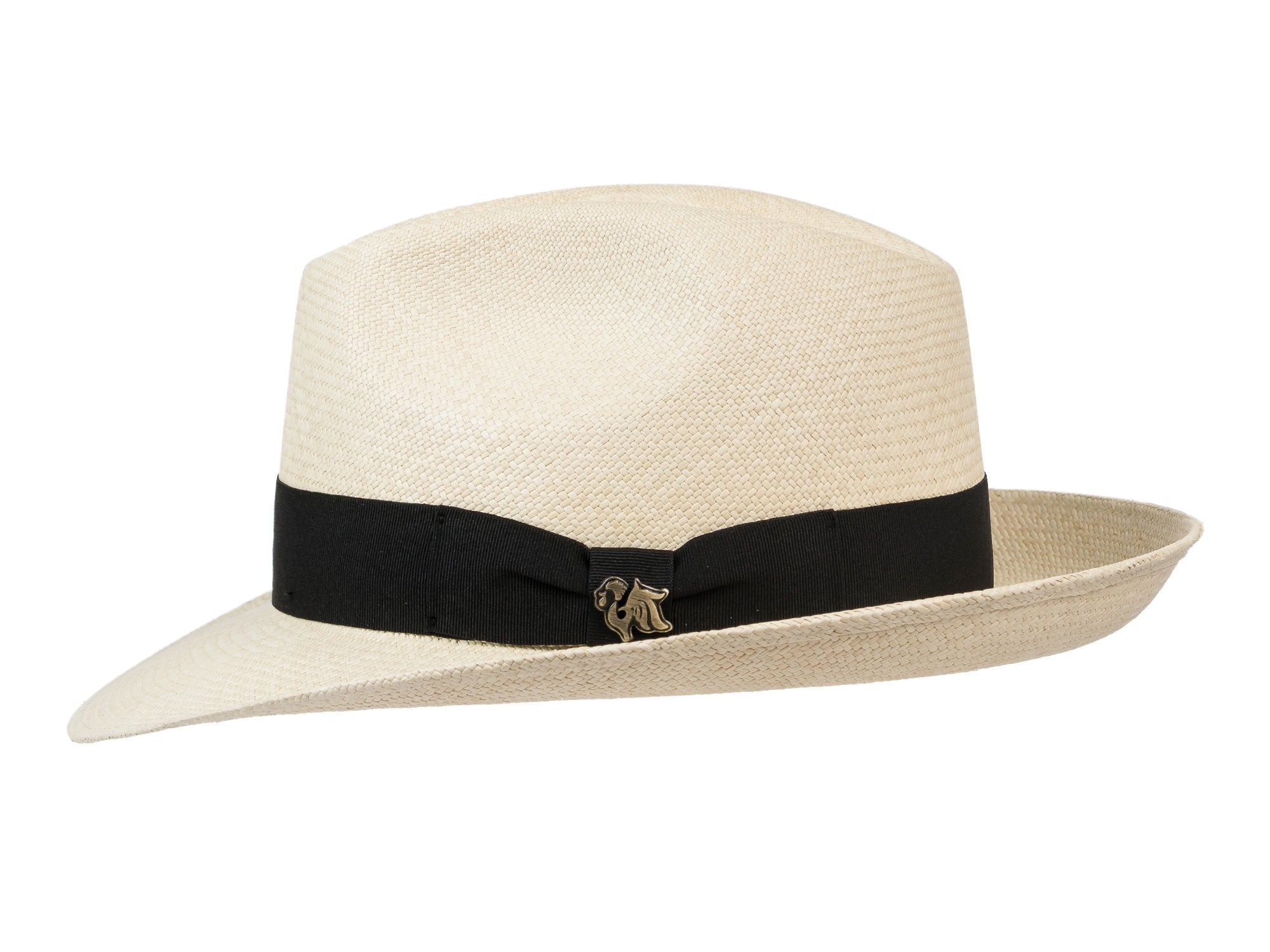 Beige straw hat with a black band and logo on a white background