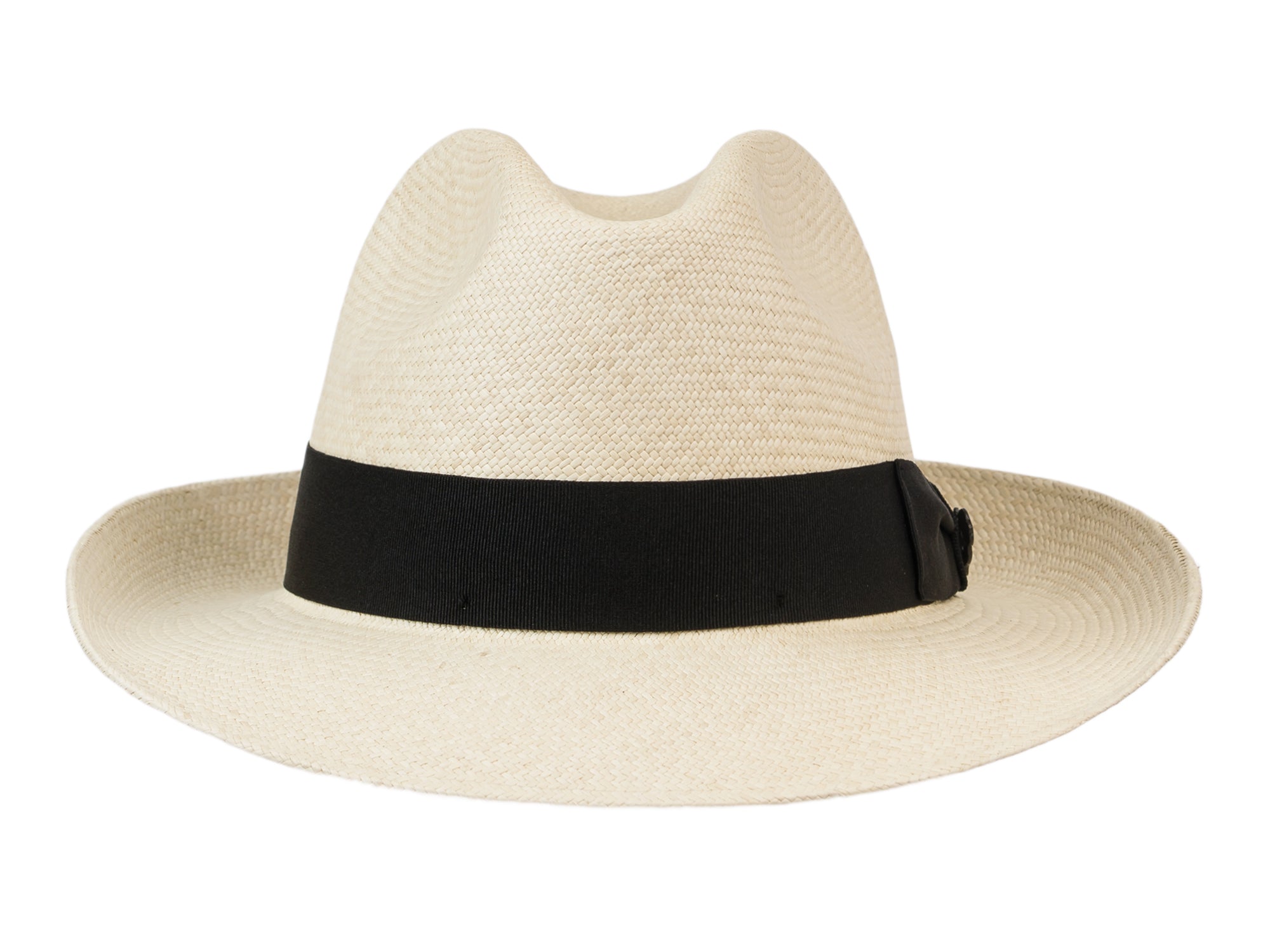 Beige straw hat with a black band on a white background