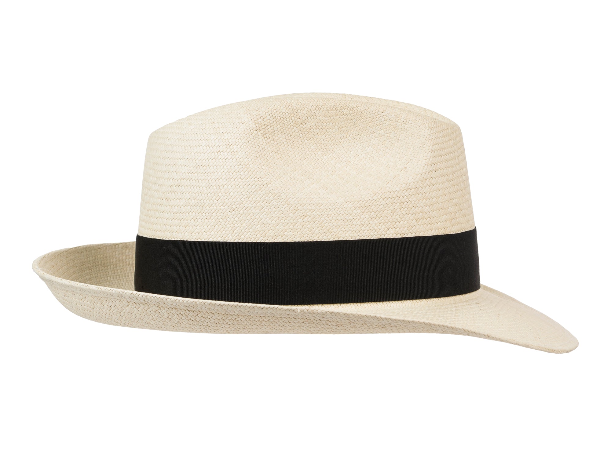 Beige straw hat with a black band on a white background