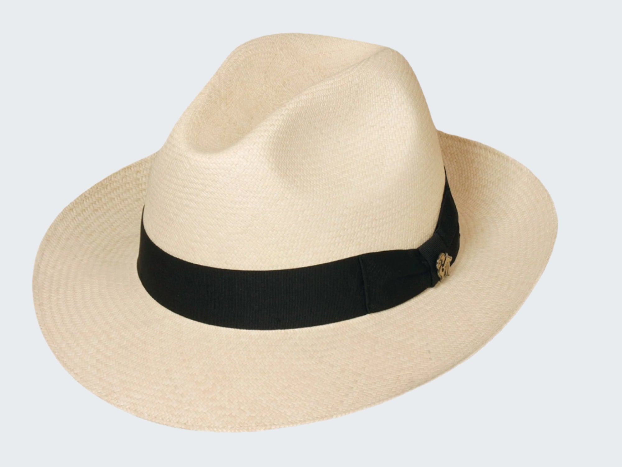 Beige straw hat with a black band on a white background