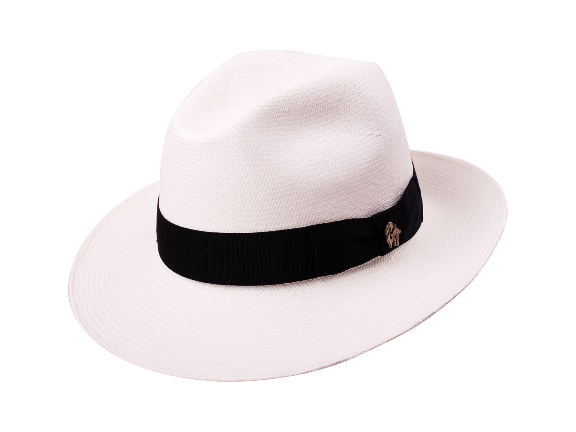 White fedora hat with a black band on a white background