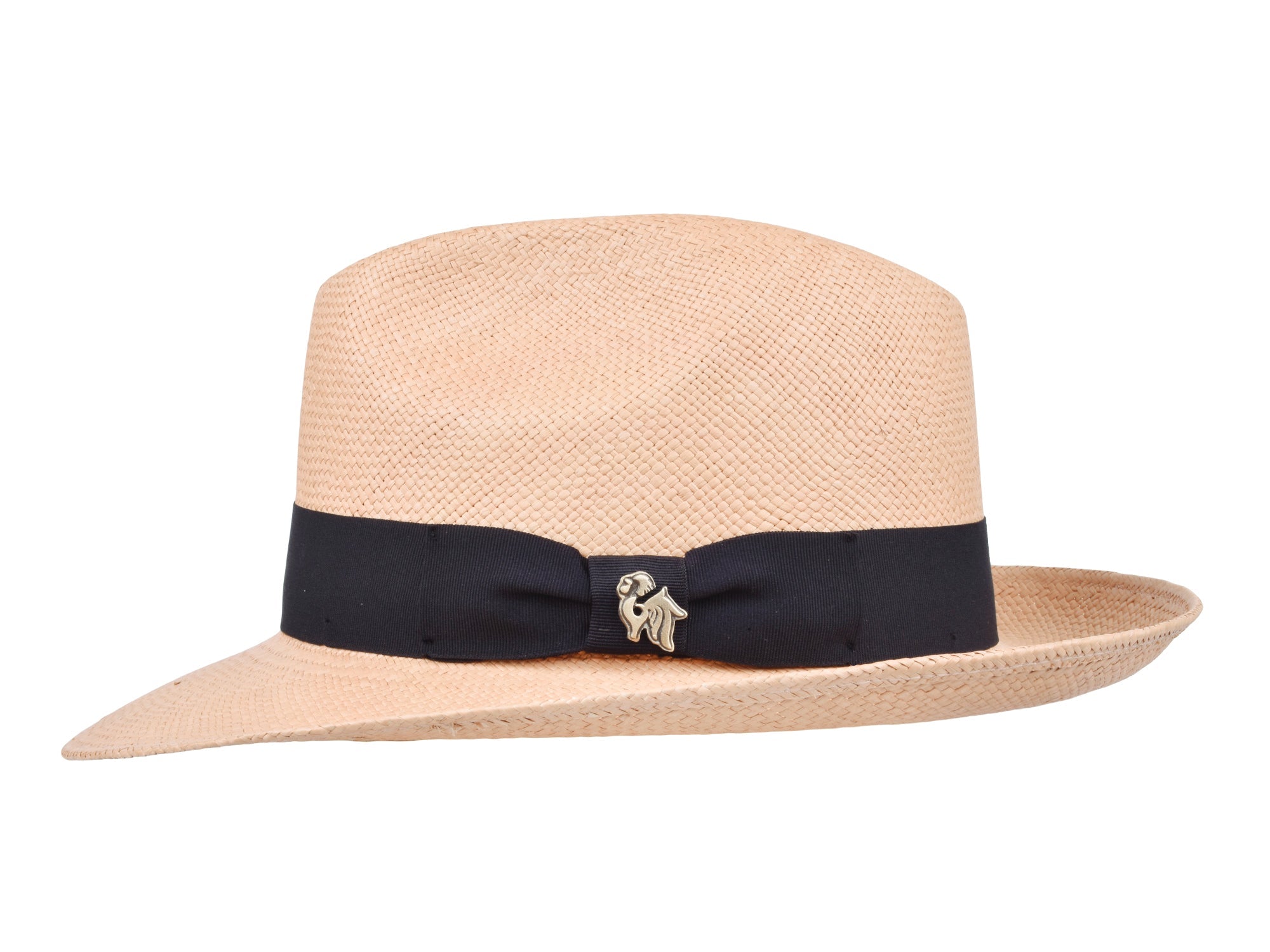 Beige straw hat with a black band and decorative element on a white background