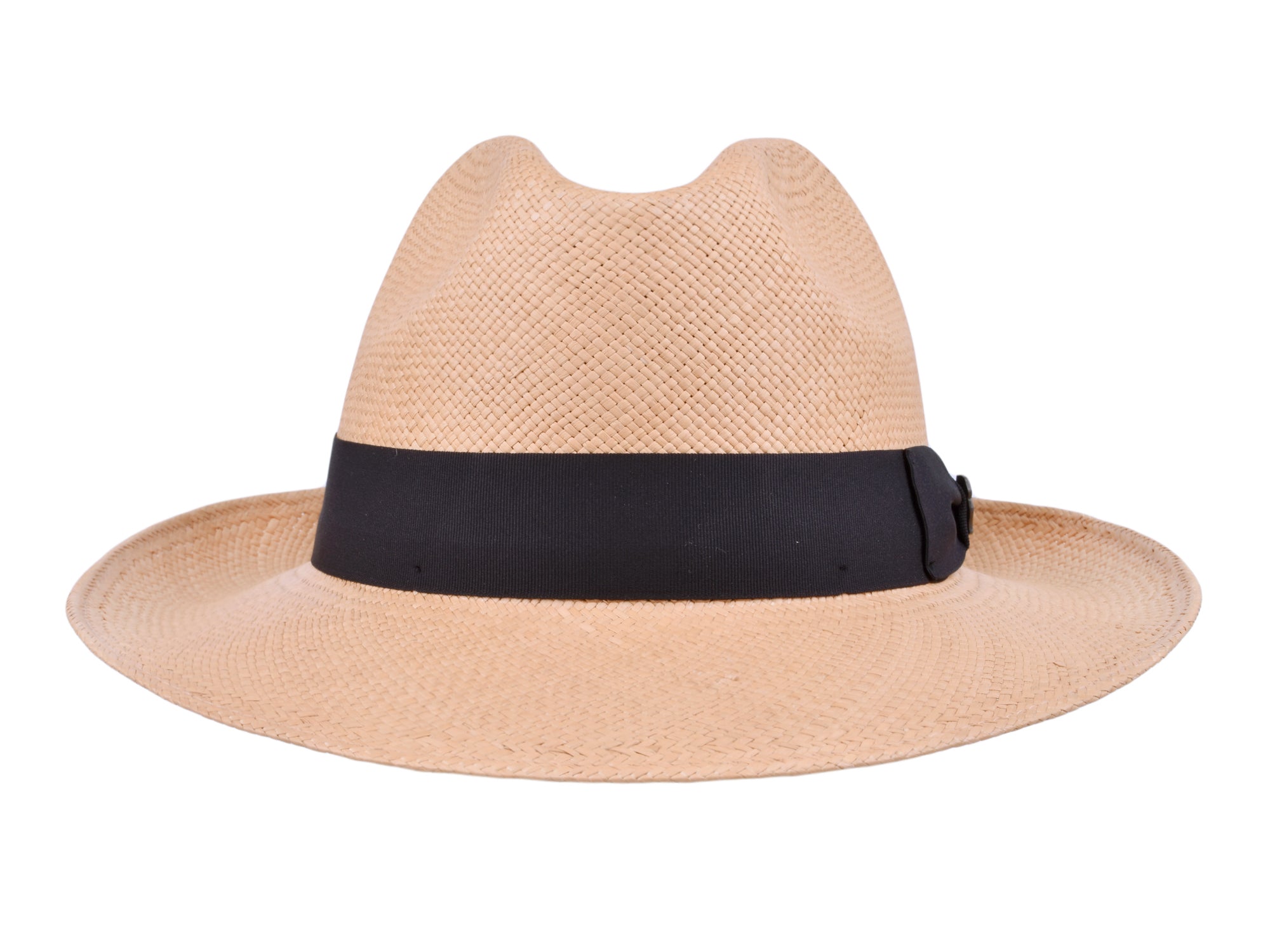 Beige straw hat with a black band on a white background