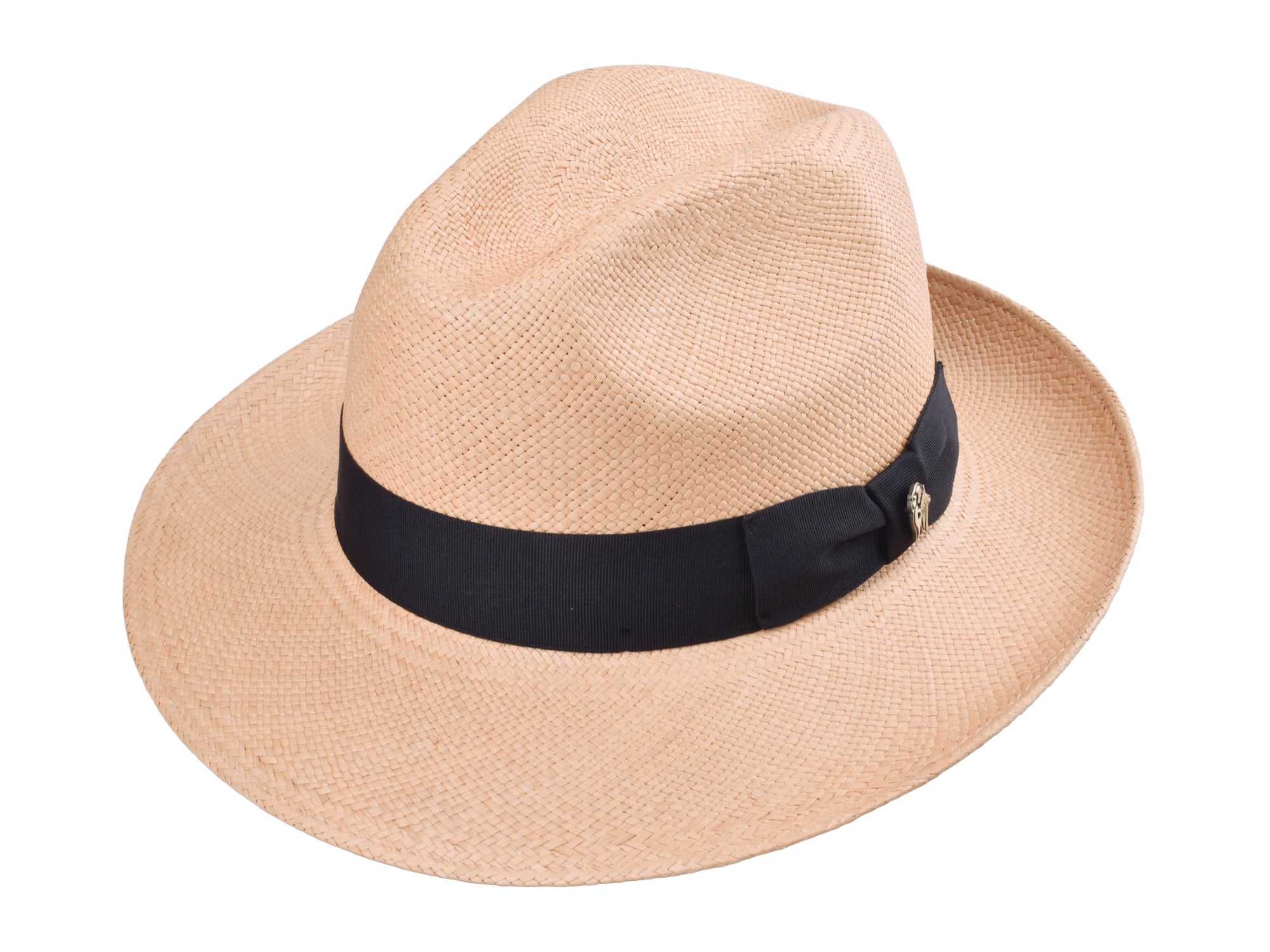 Beige straw hat with a black band on a white background