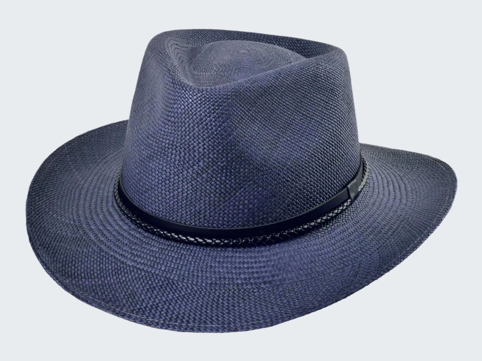 Blue straw hat with a black band on a white background