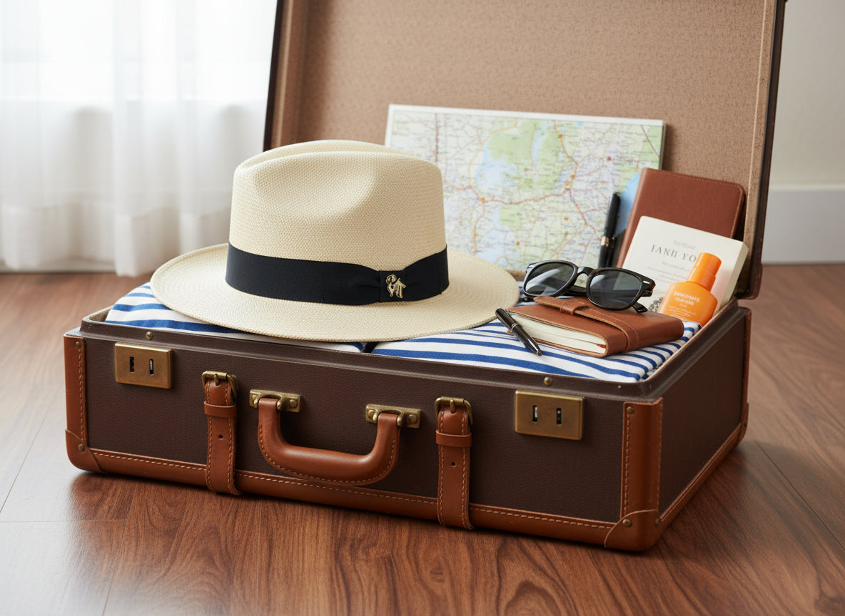 Beige straw hat with a black band and gold emblem on a white background