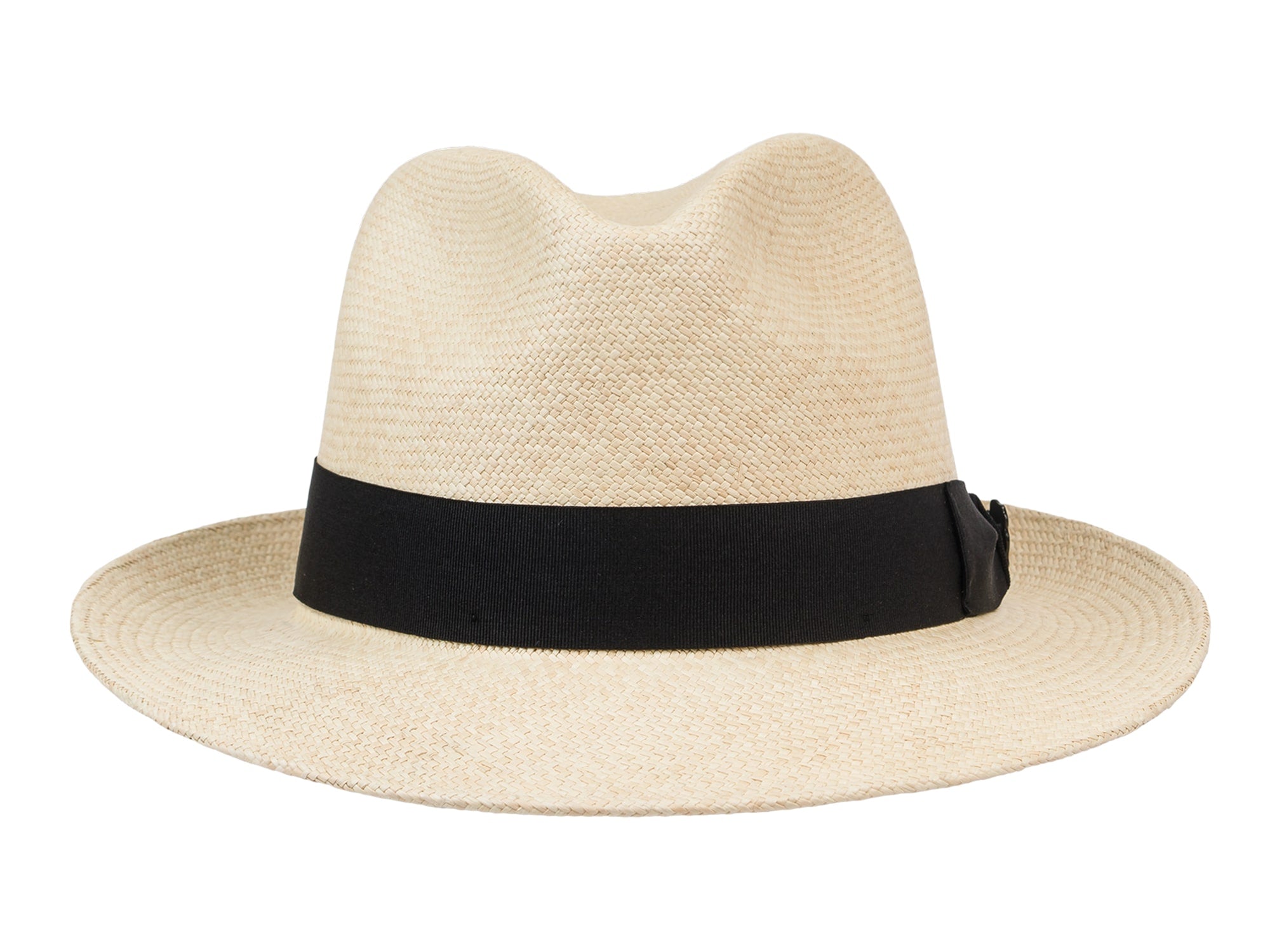 Beige straw hat with a black band on a white background