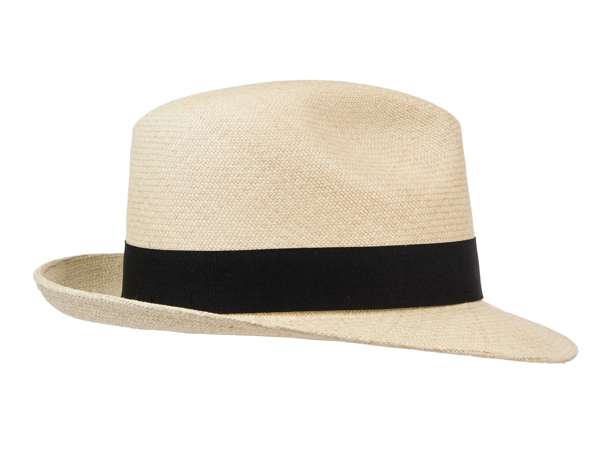 Beige straw hat with a black band on a white background