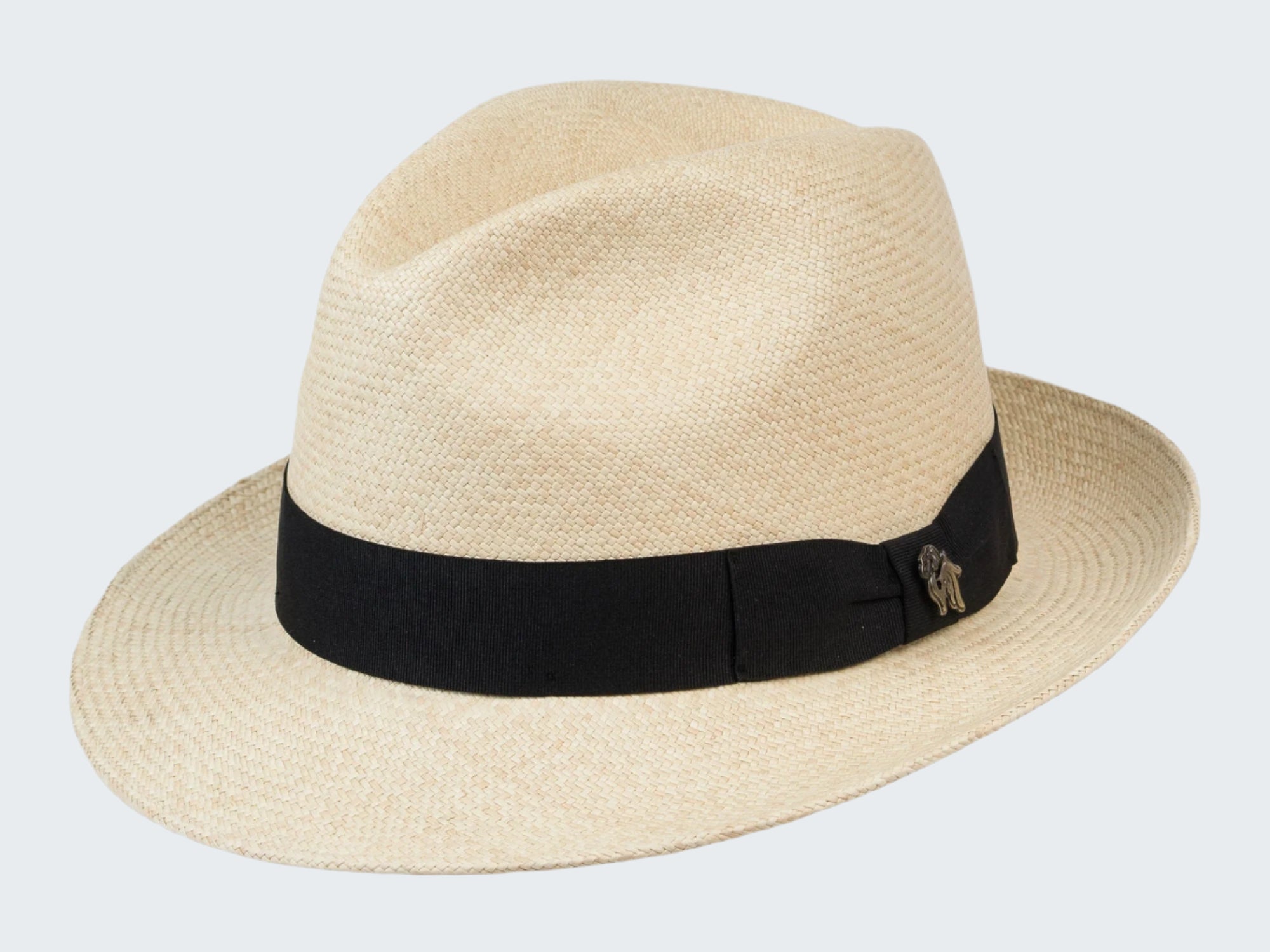 Beige straw hat with a black band featuring a logo on a white background