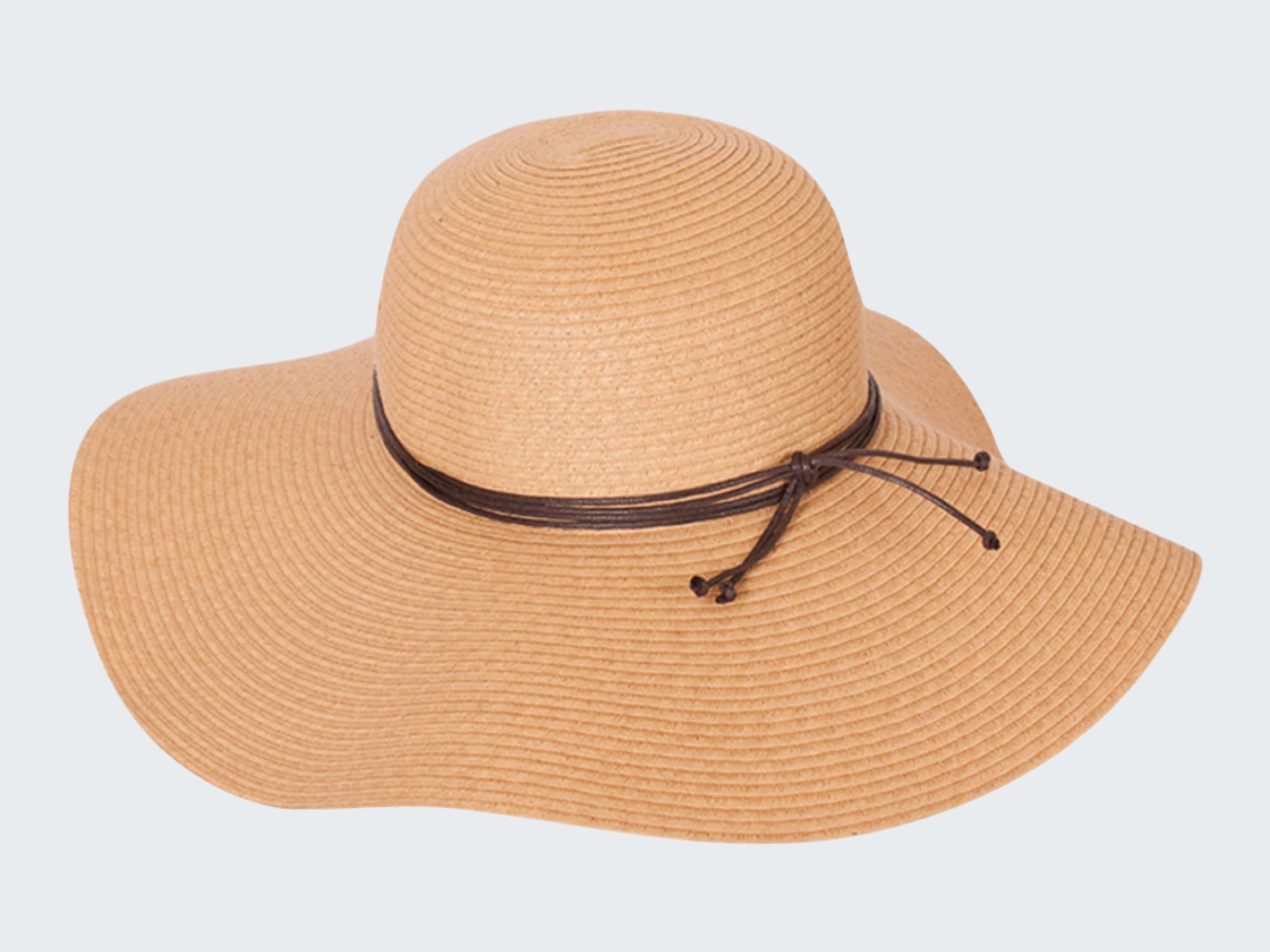 Beige straw hat with a brown band on a white background