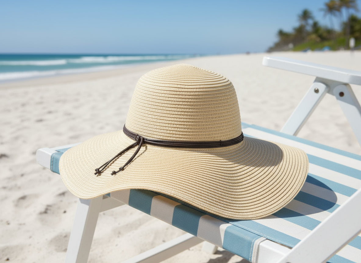 Beige straw hat with a black band on a white background