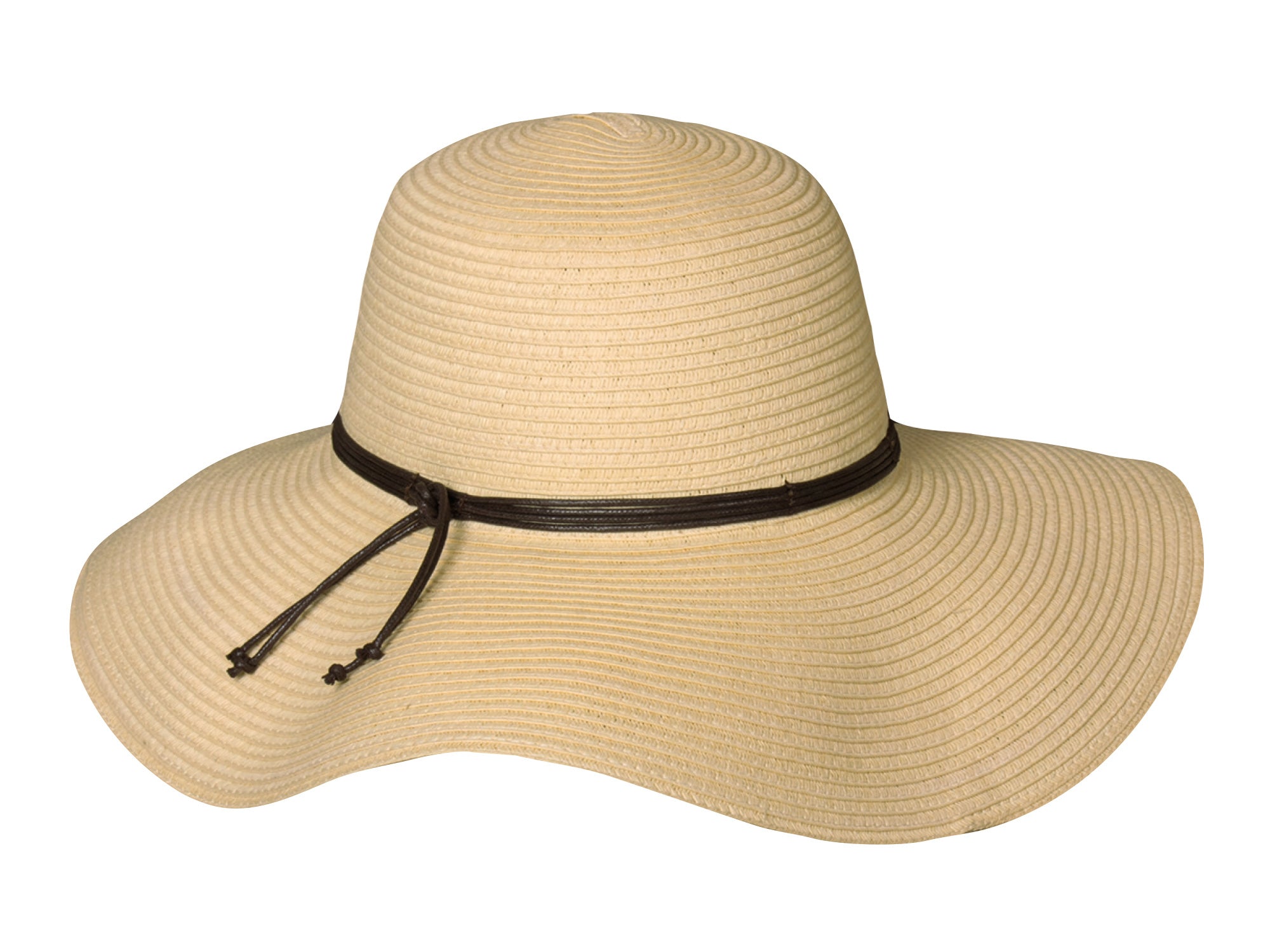 Beige straw hat with a black band on a white background