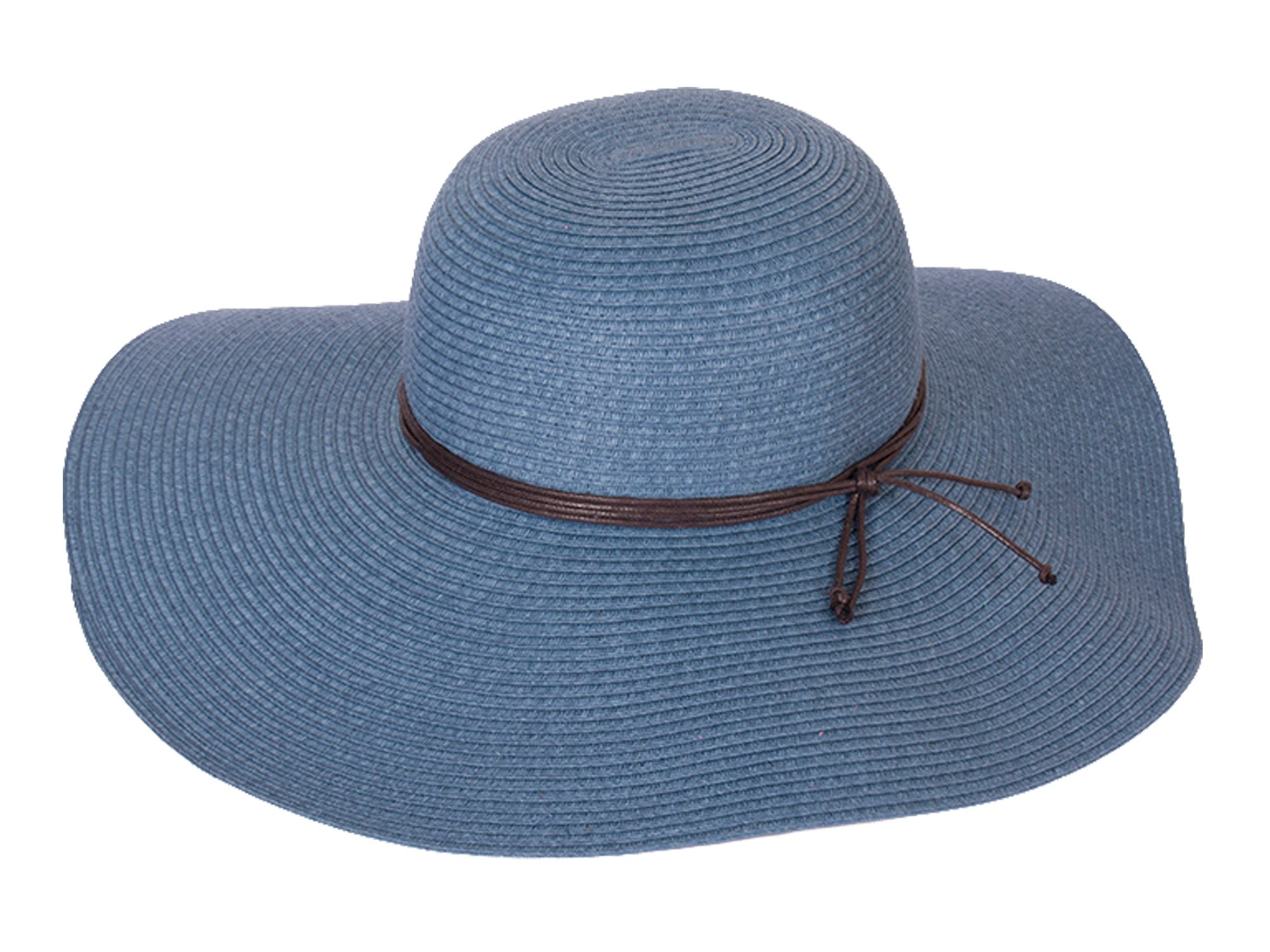 Blue straw hat with a brown band on a white background