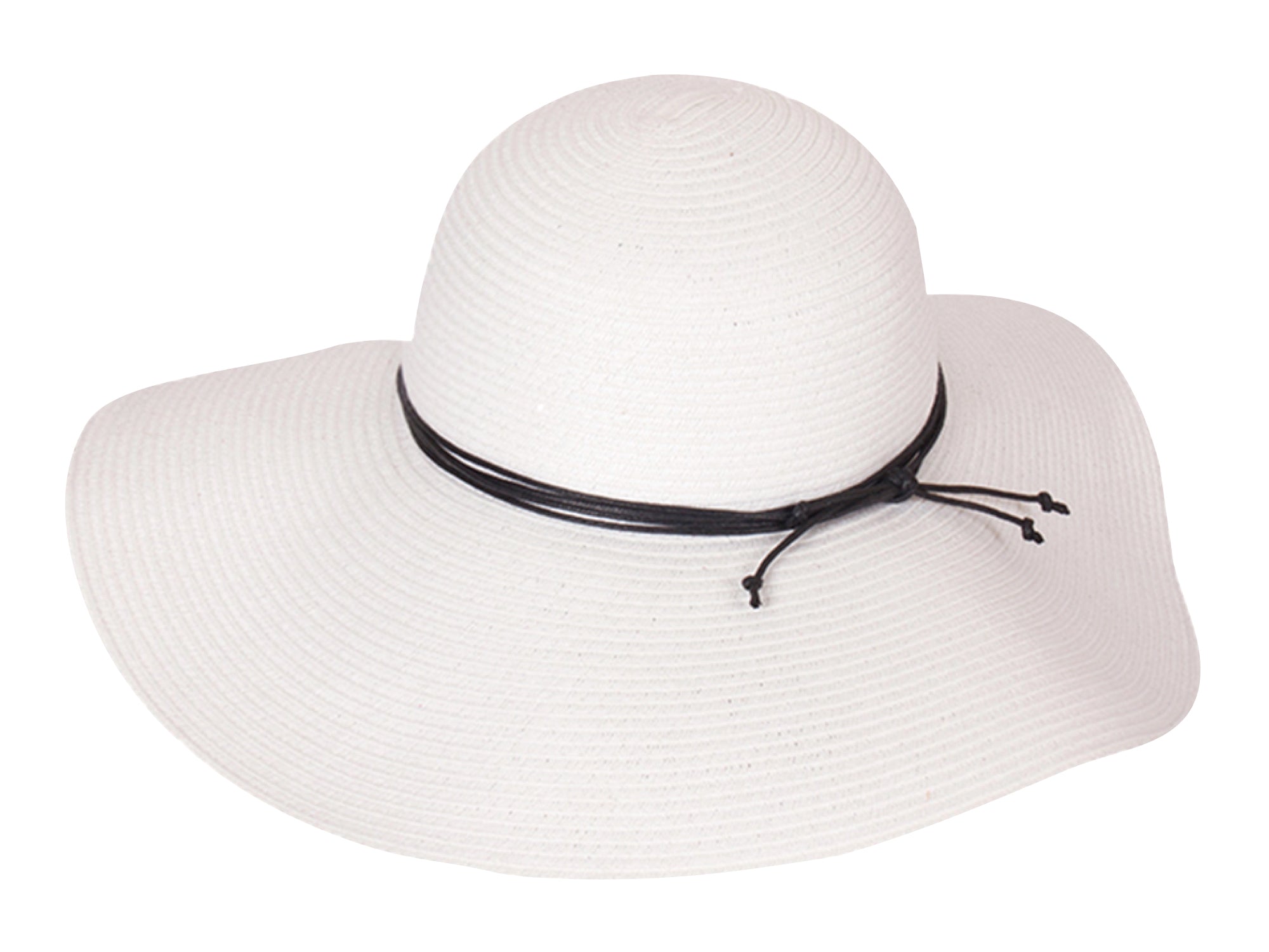 White sun hat with a black band on a white background