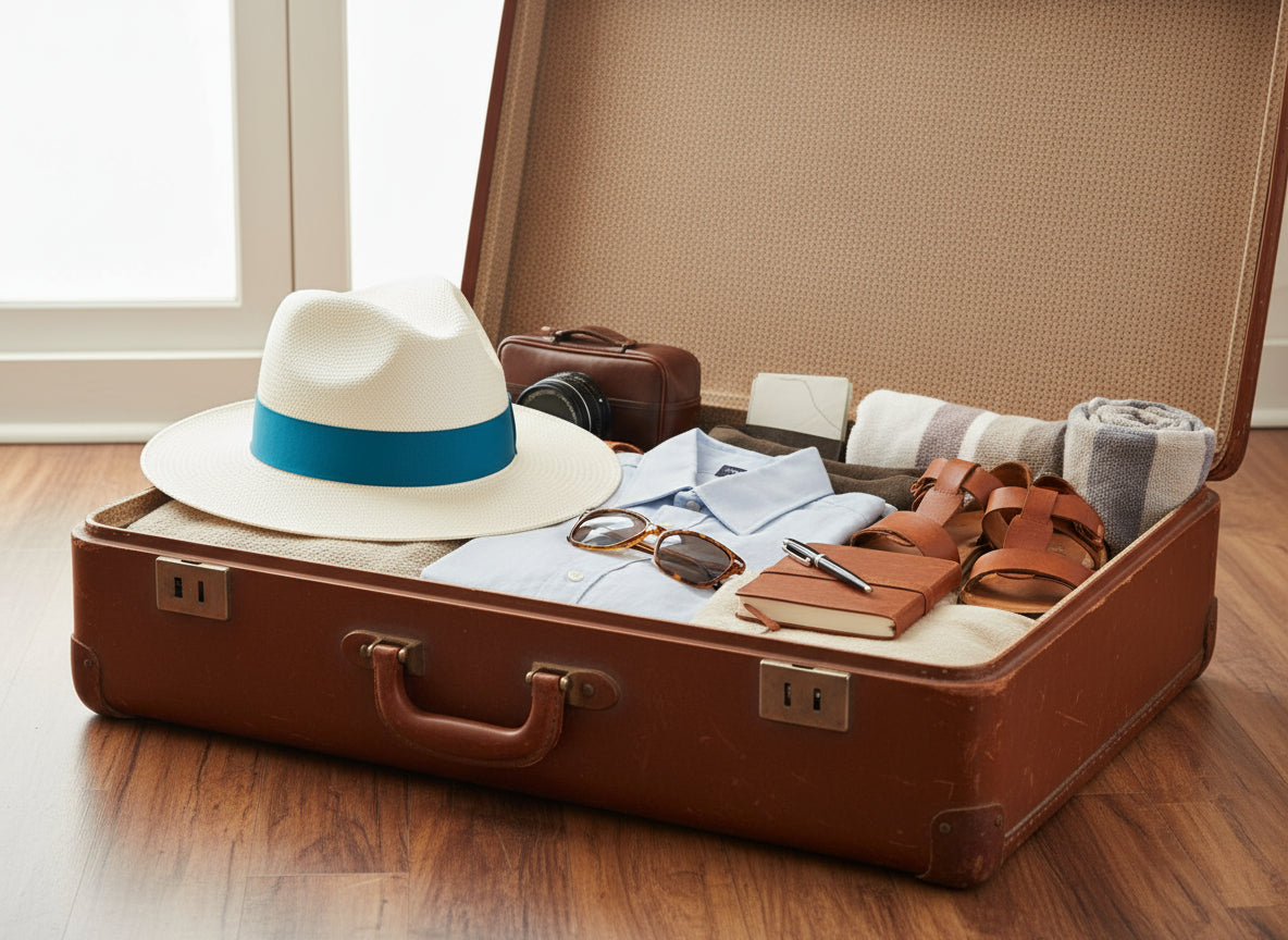 White straw hat with a blue band on a white background