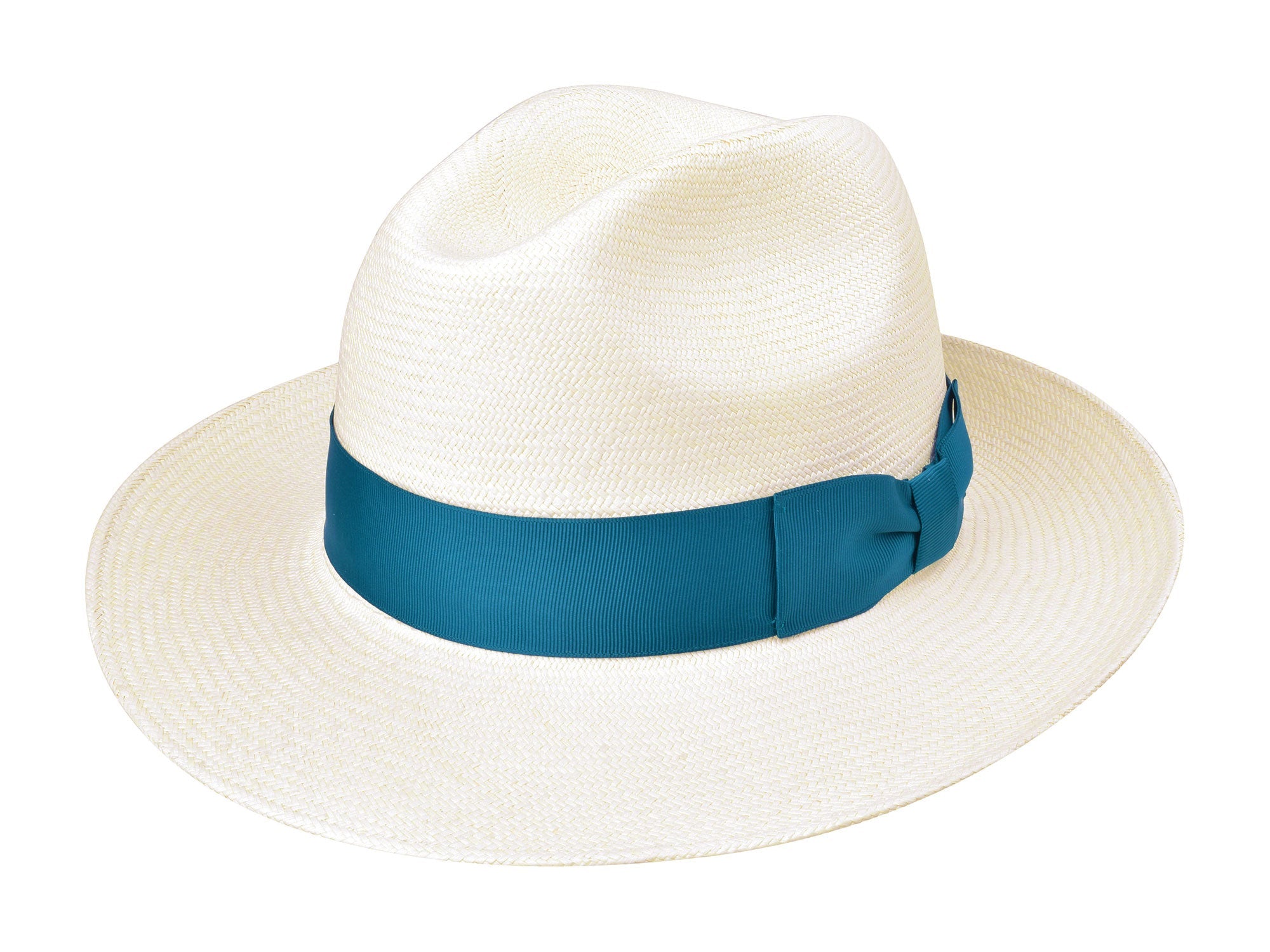 White straw hat with a blue band on a white background