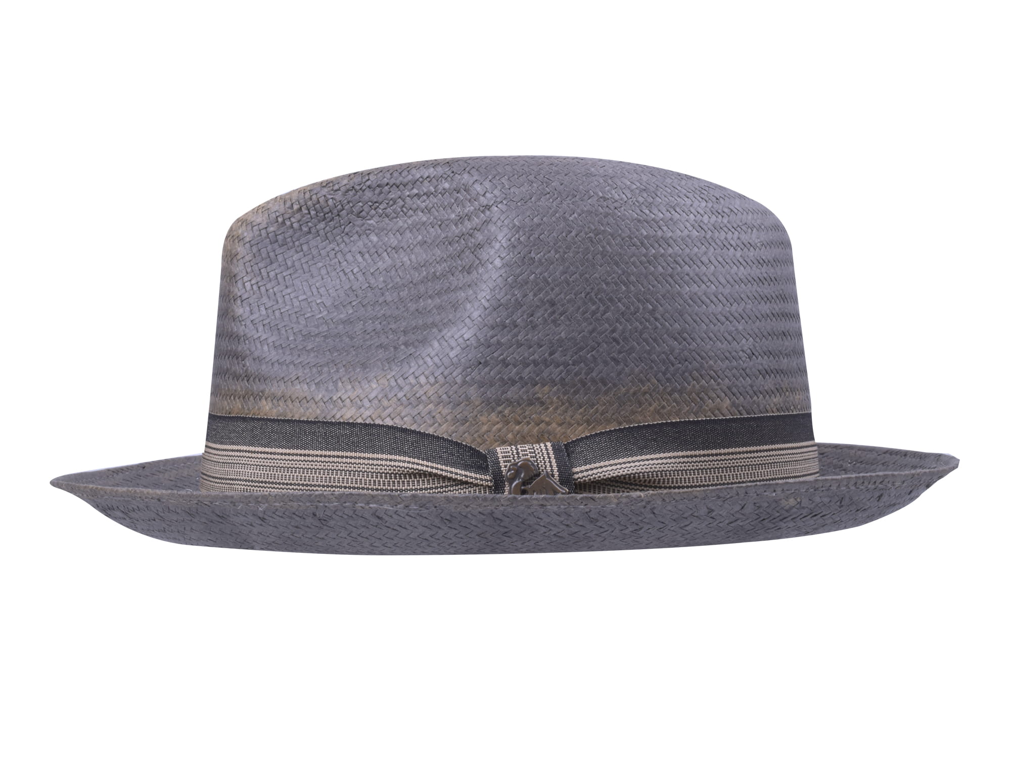 Gray straw hat with a black band on a white background