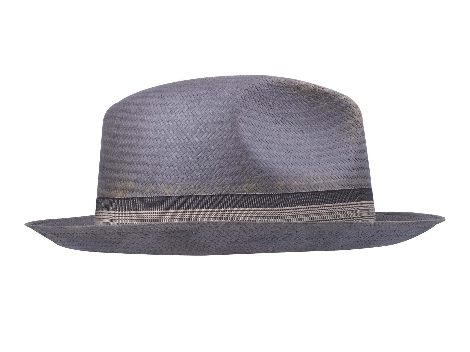 Gray straw hat with a band on a white background