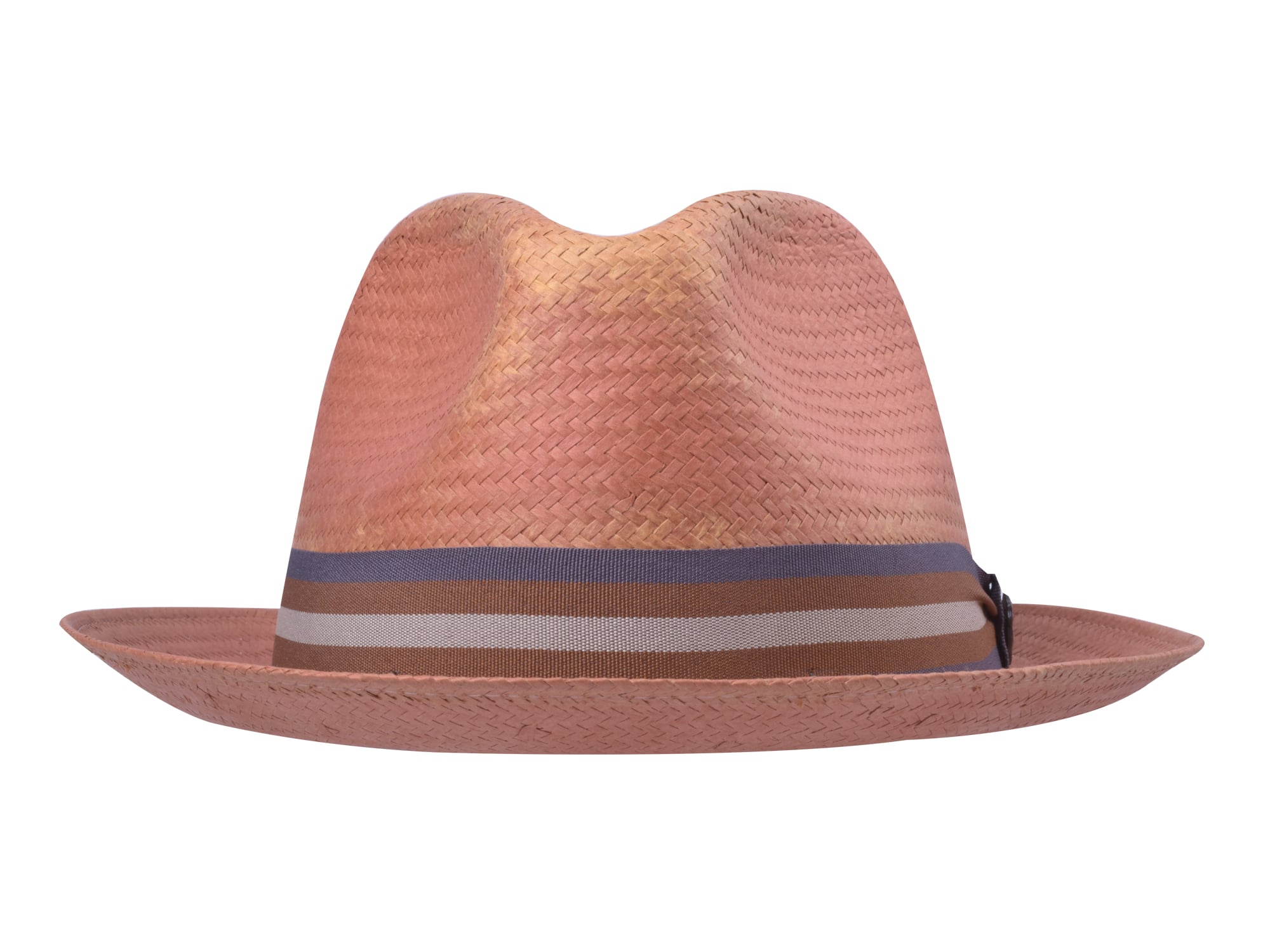 Brown straw hat with a striped band on a white background