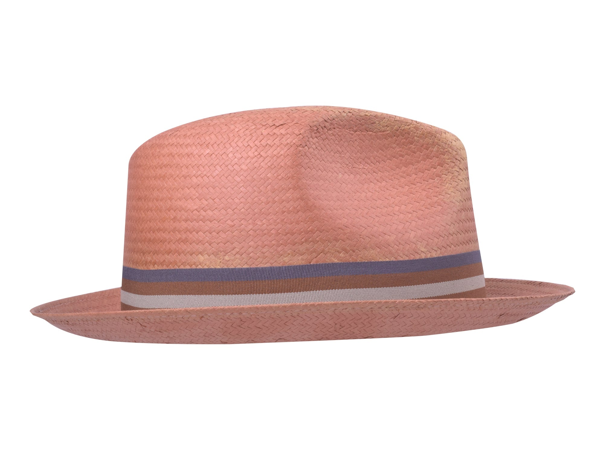 Pink straw hat with a blue band on a white background