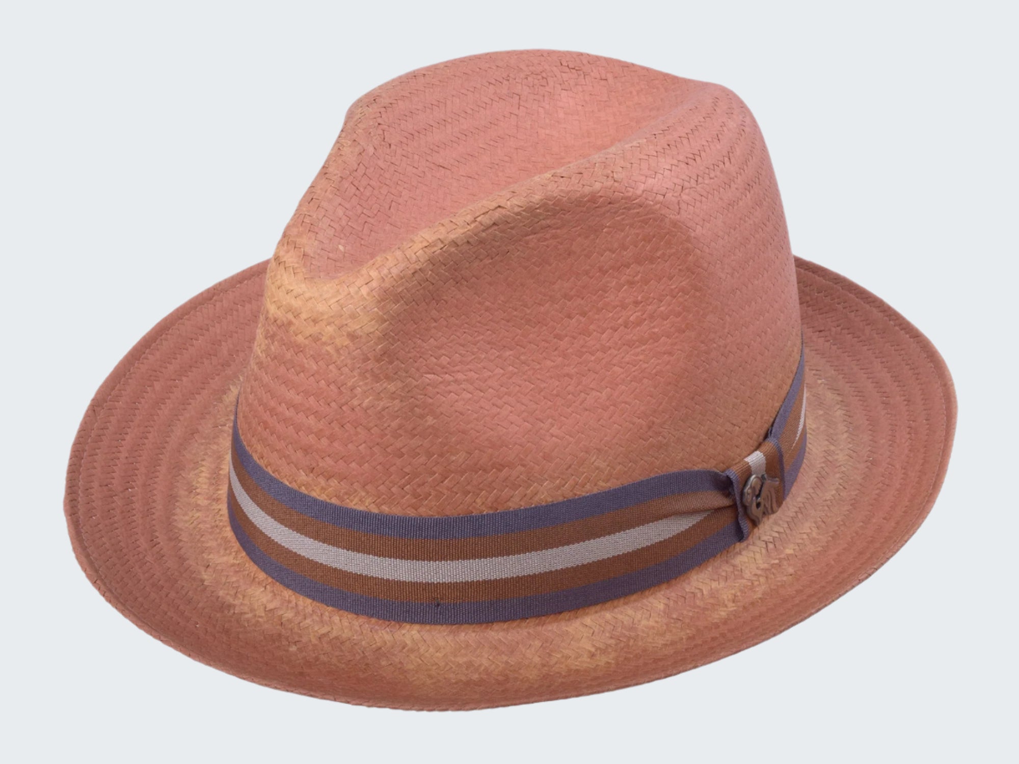 Brown straw hat with a striped band on a white background