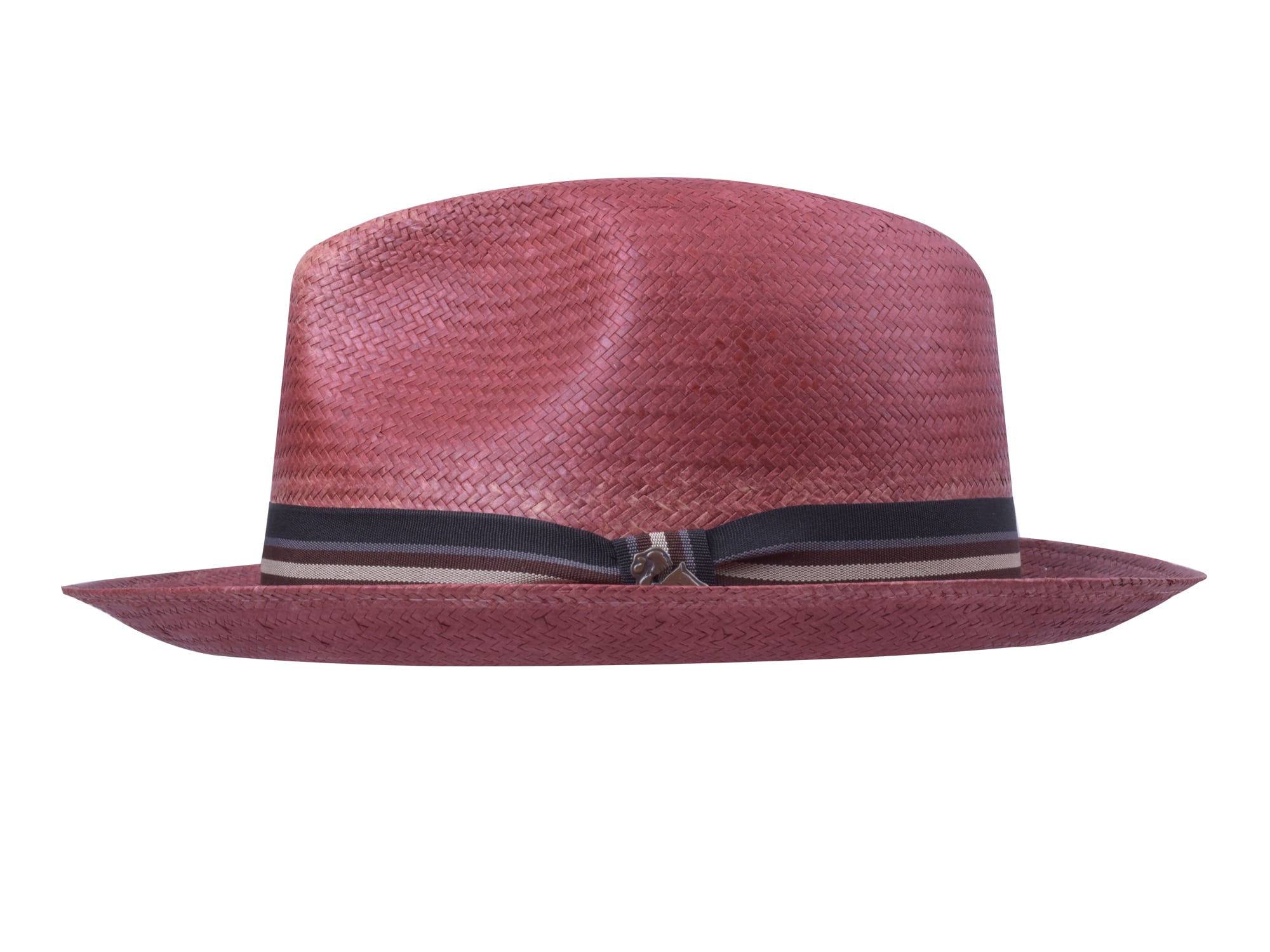 Pink straw hat with a black band on a white background