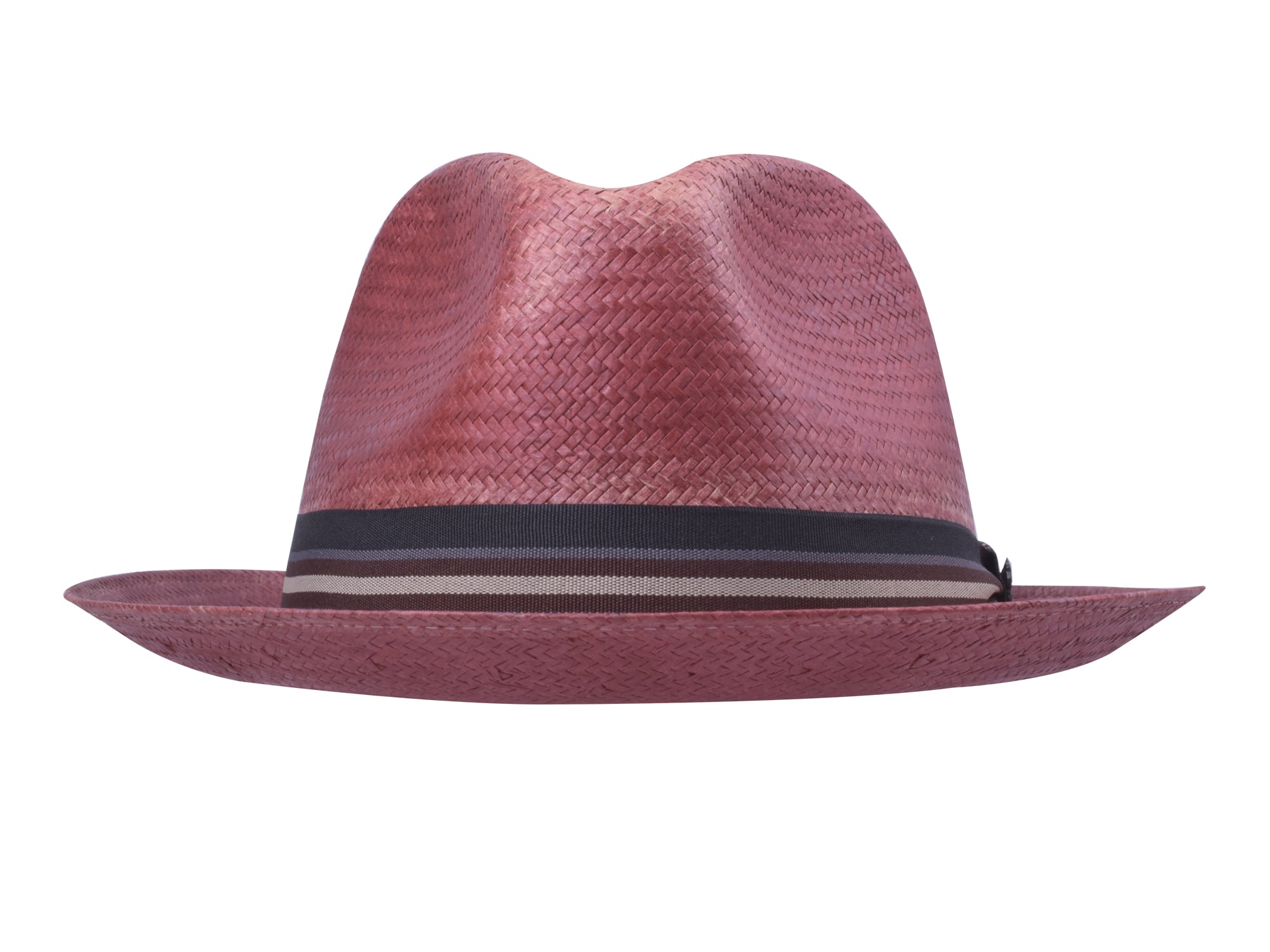 Red straw hat with a black band on a white background
