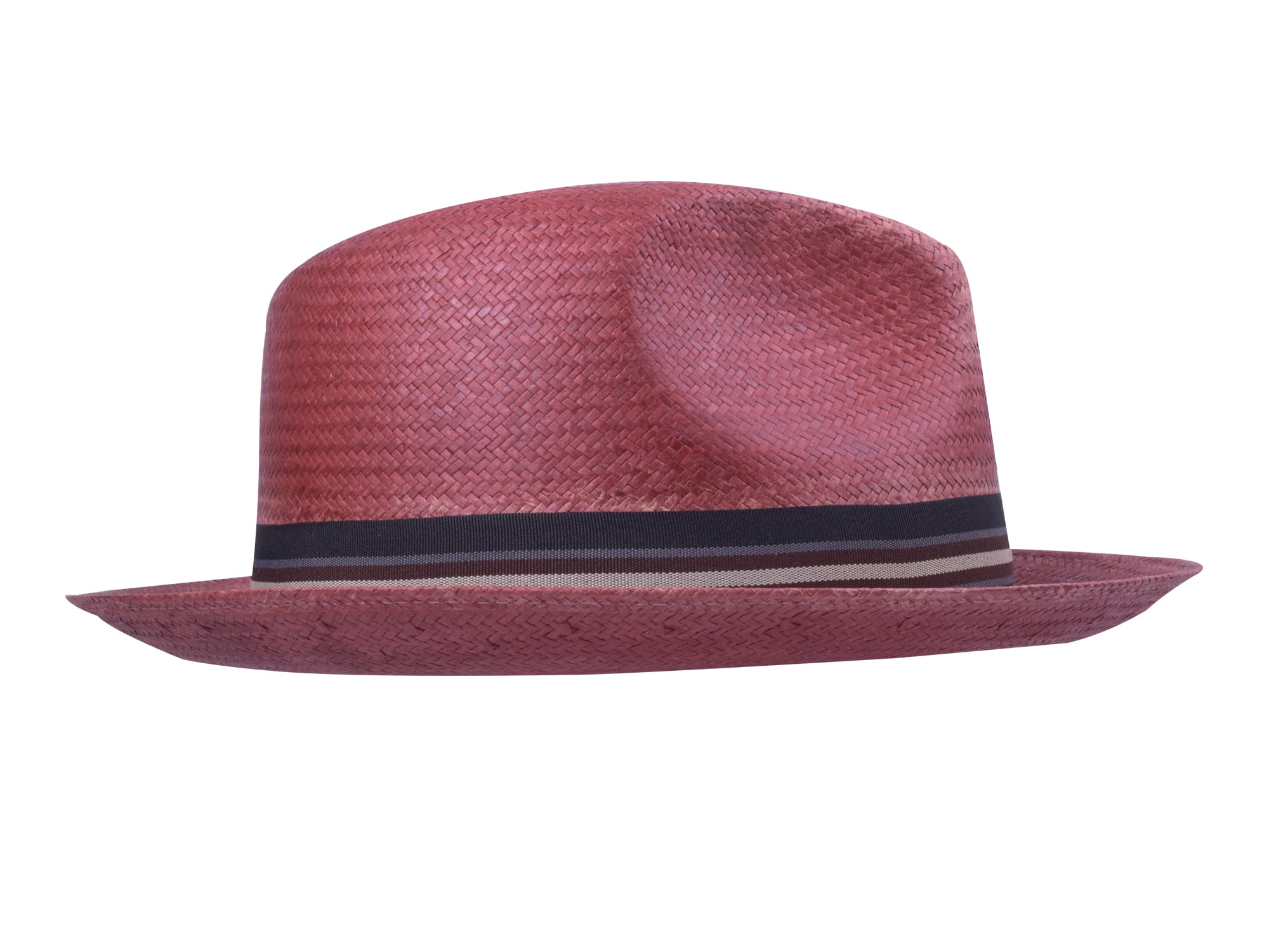 Red straw hat with a black band on a white background