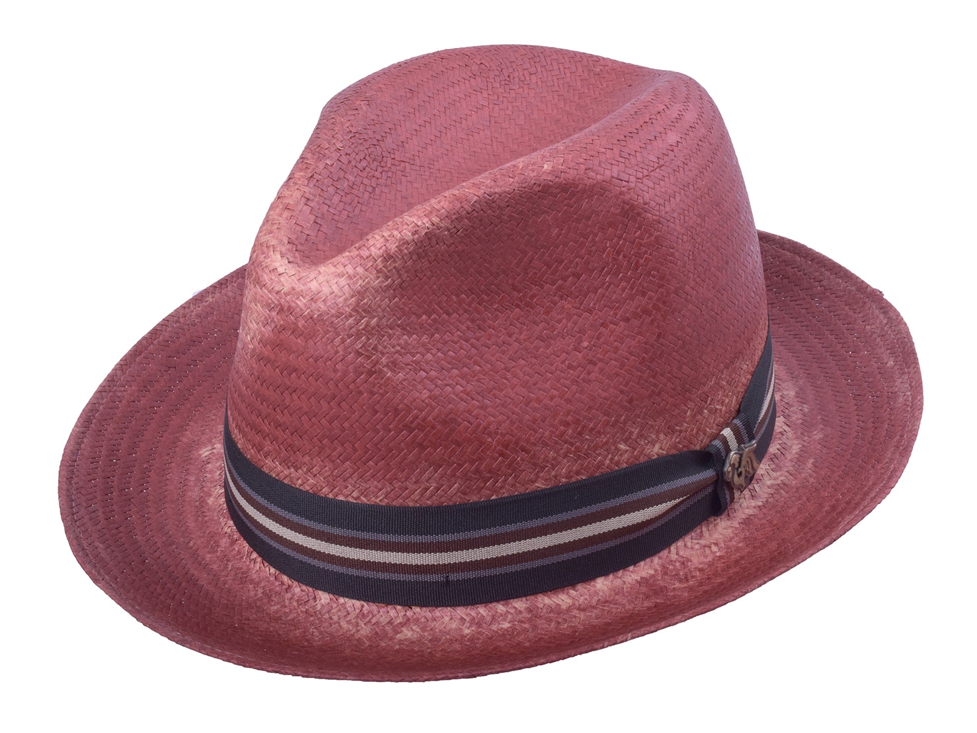 Pink fedora hat with a striped band on a white background