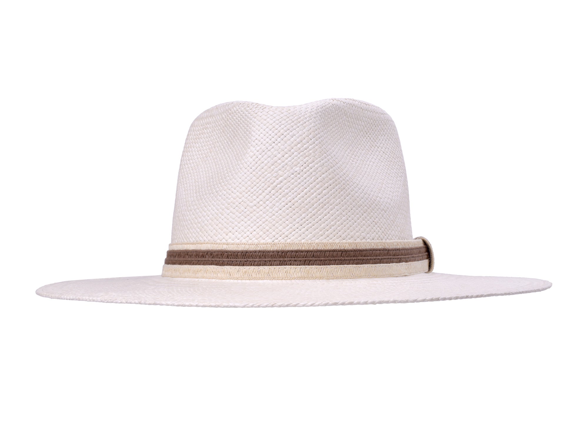 White straw hat with a brown band on a white background
