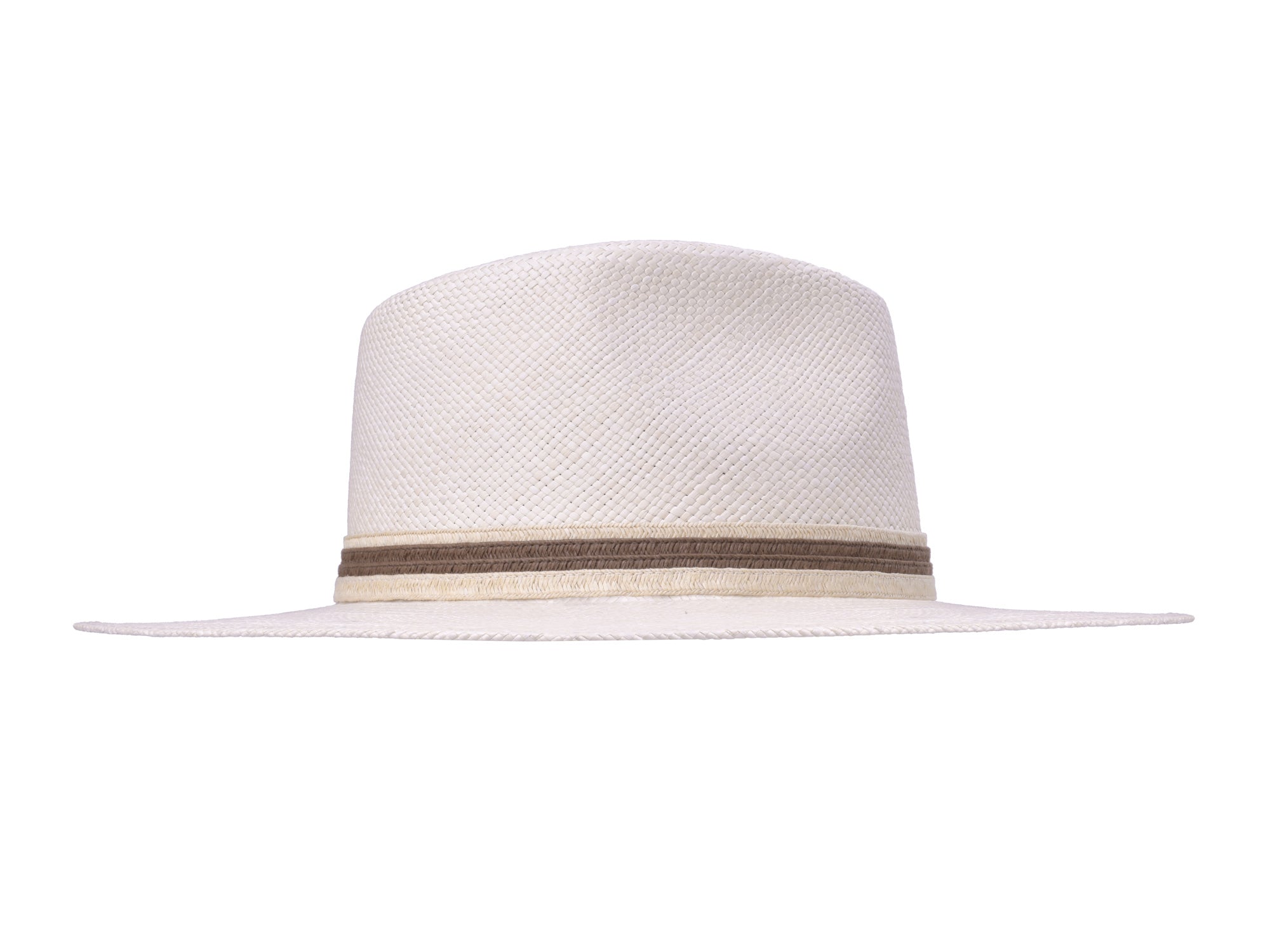 White straw hat with a brown band on a white background