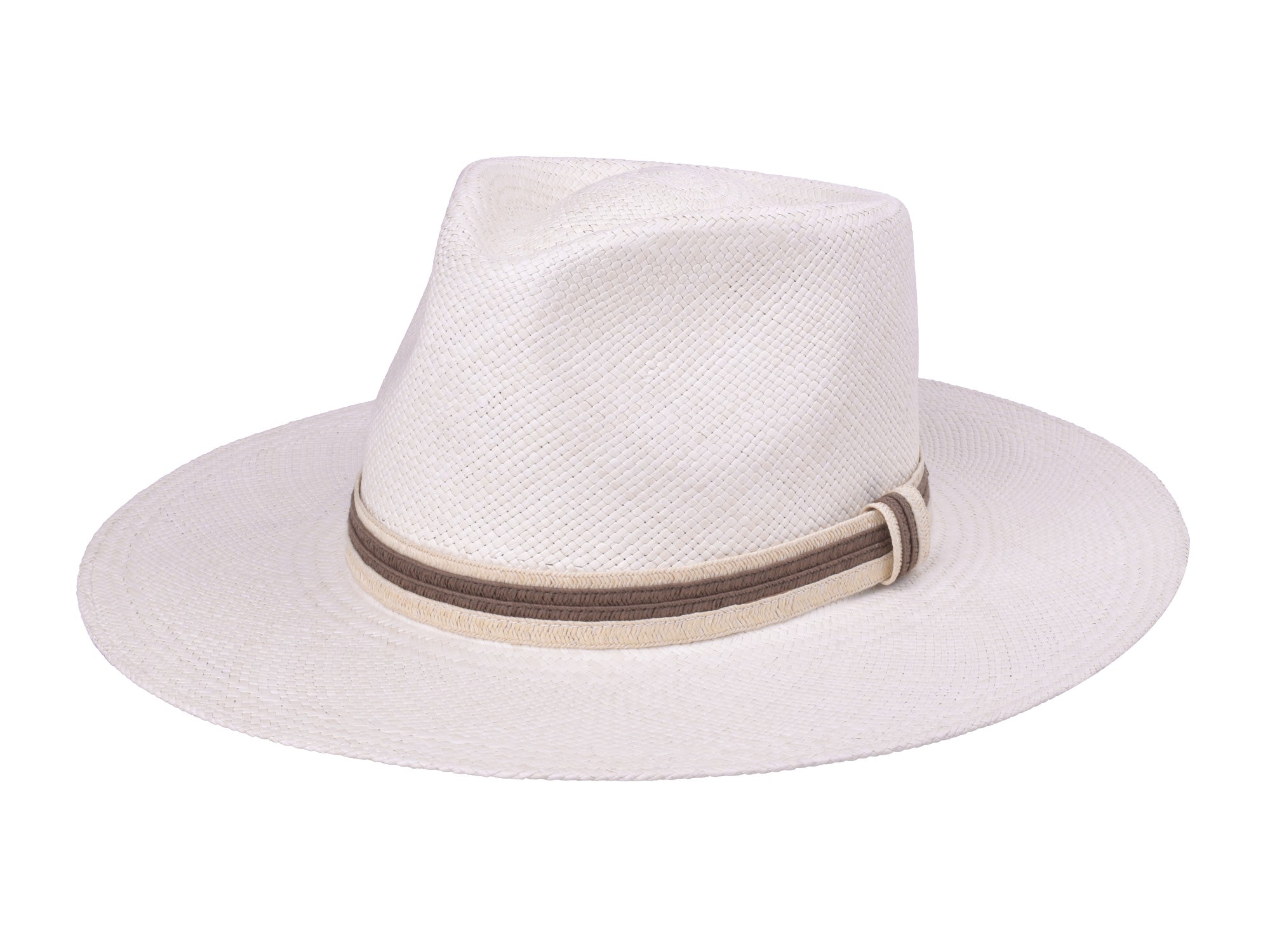 White straw hat with a brown band on a white background