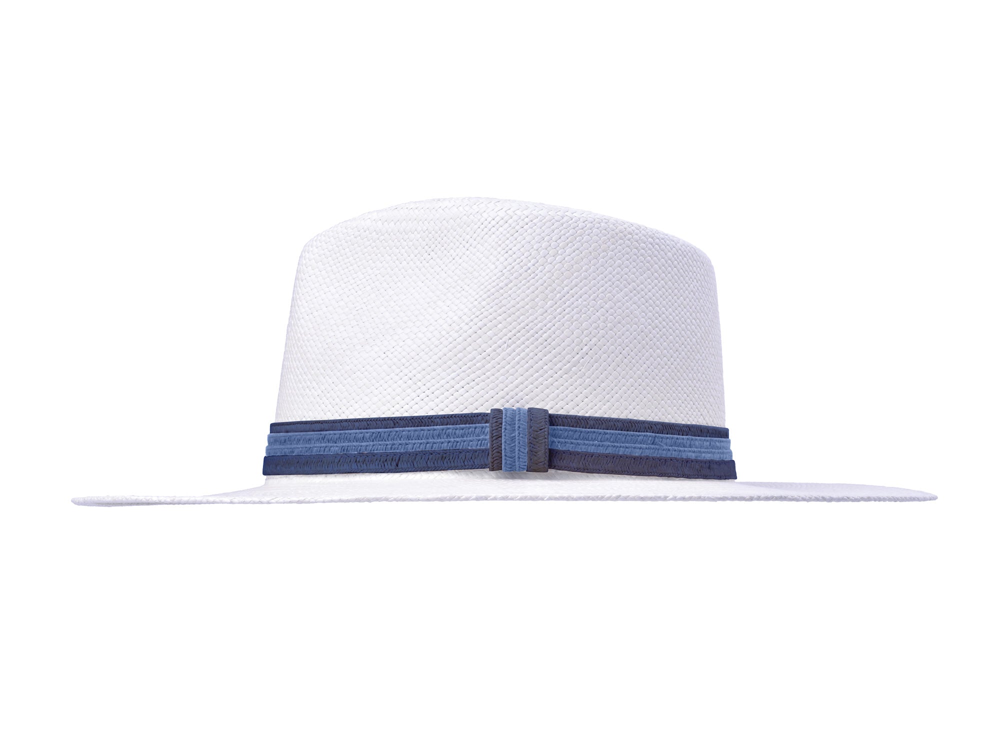 White straw hat with a blue band on a white background