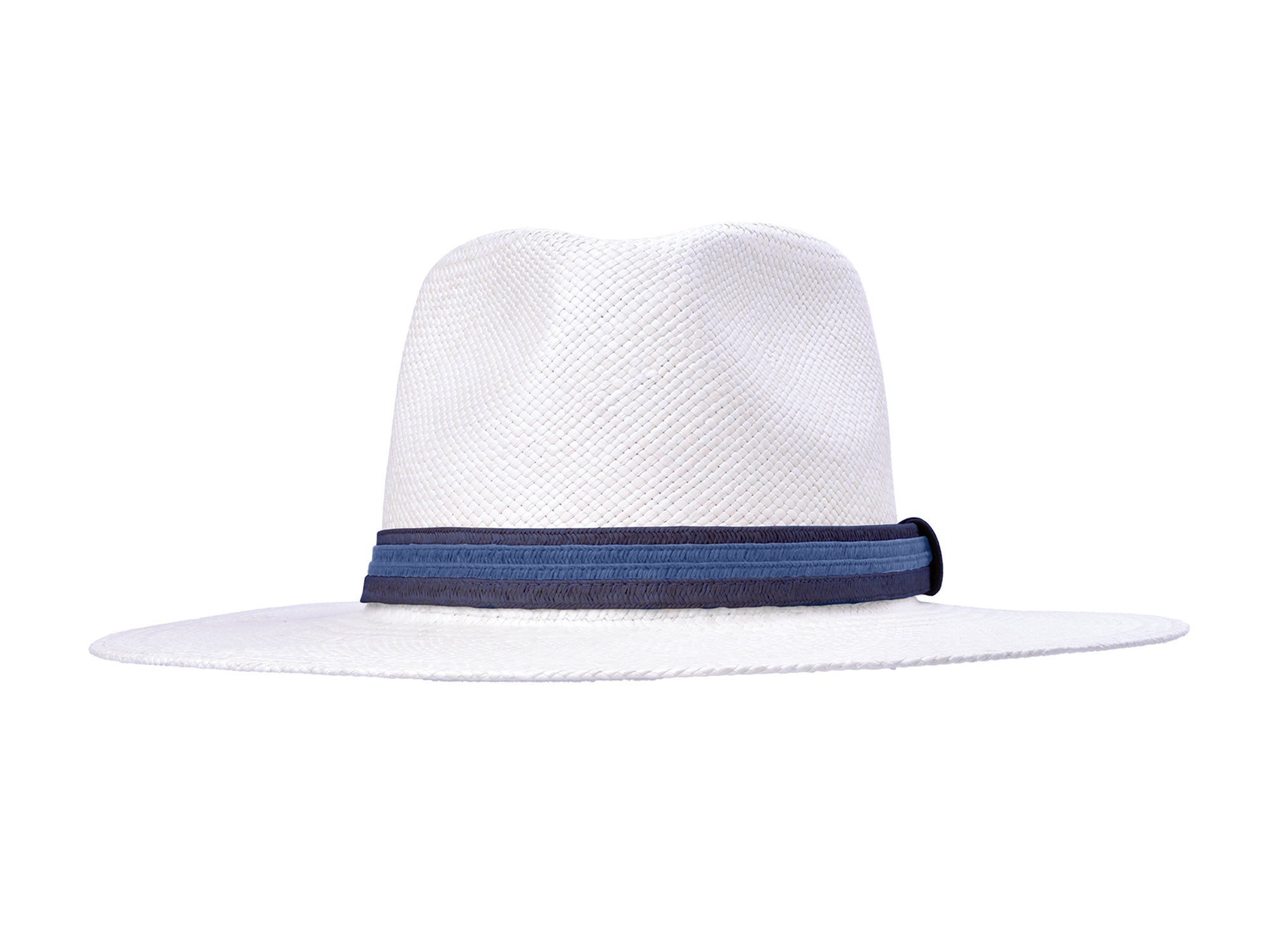 White straw hat with a navy band on a white background