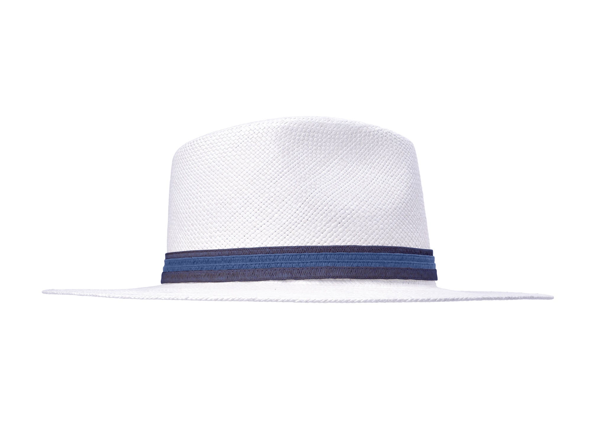 White straw hat with a blue band on a white background