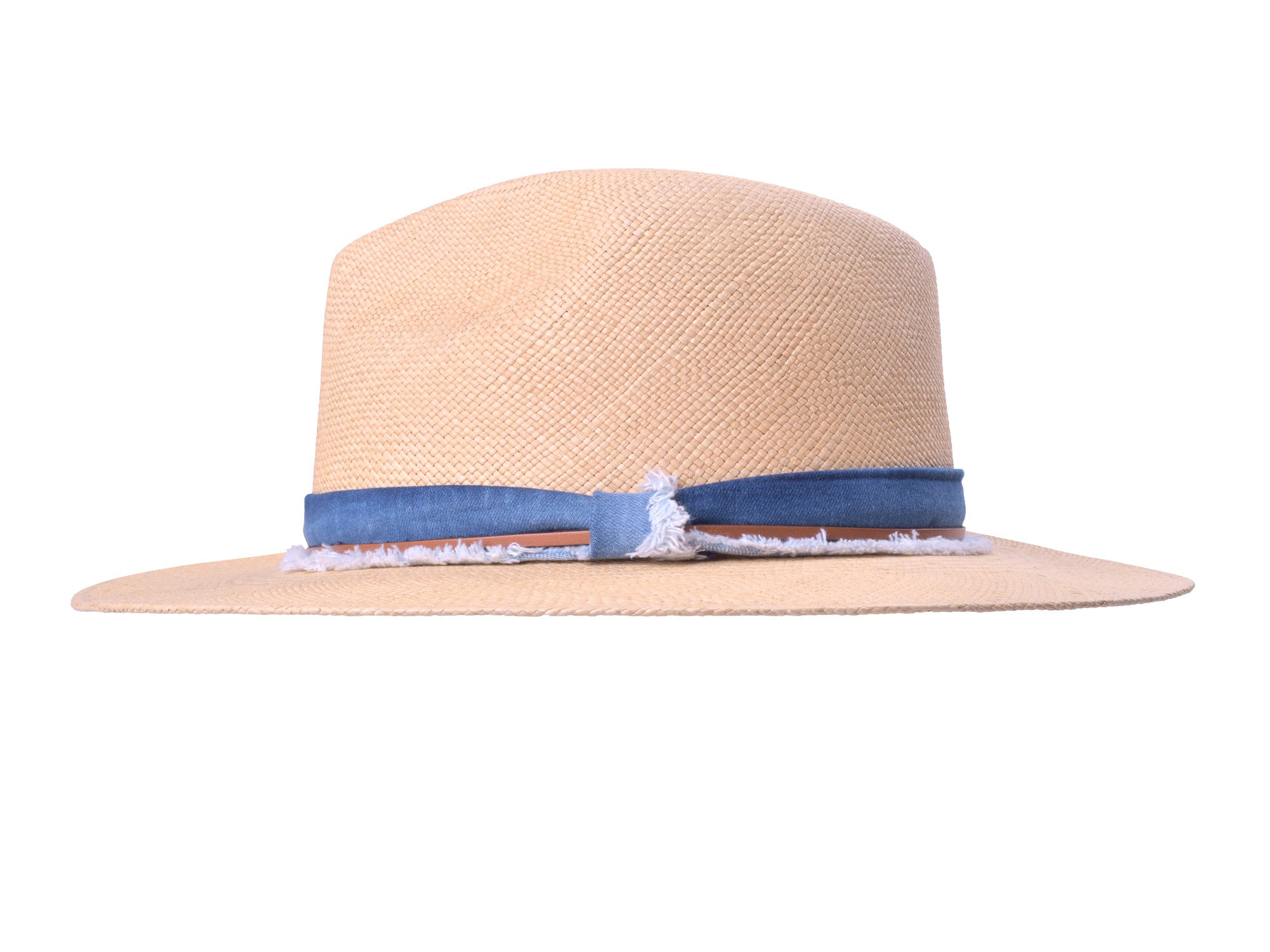 Beige straw hat with a blue band on a white background