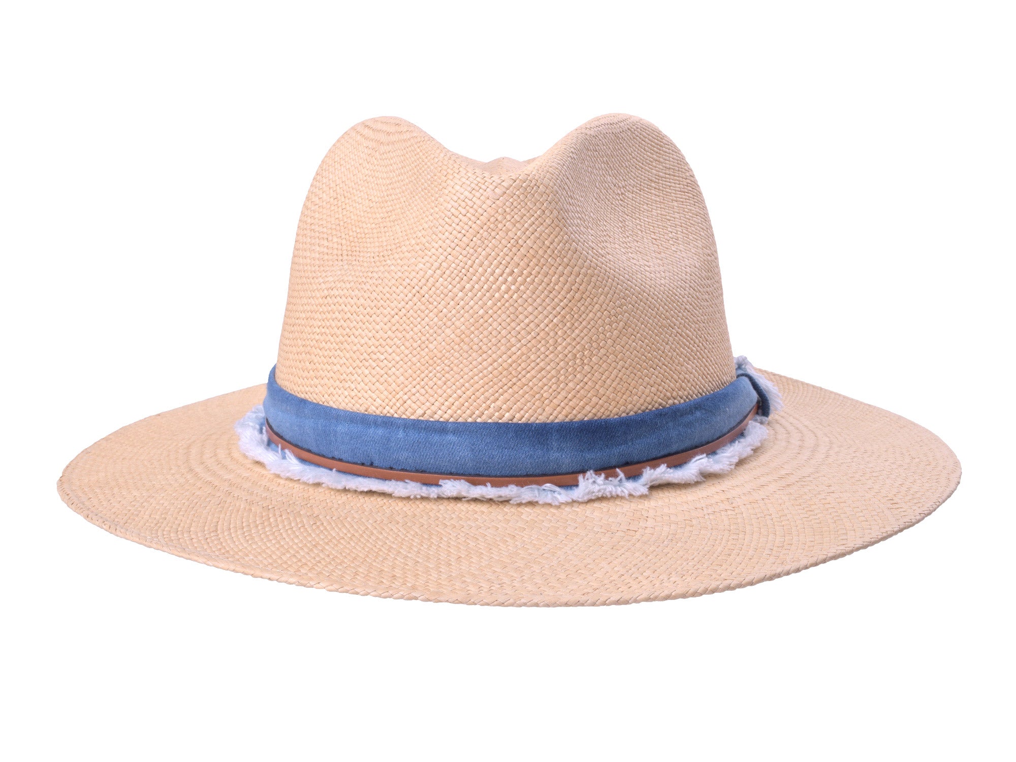 Beige straw hat with a blue band on a white background