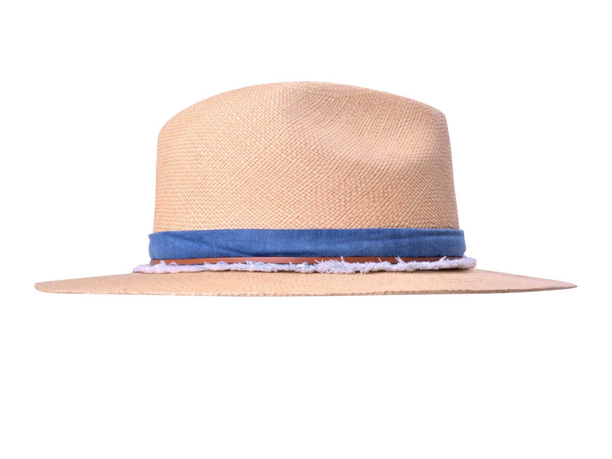 Beige straw hat with a blue band on a white background