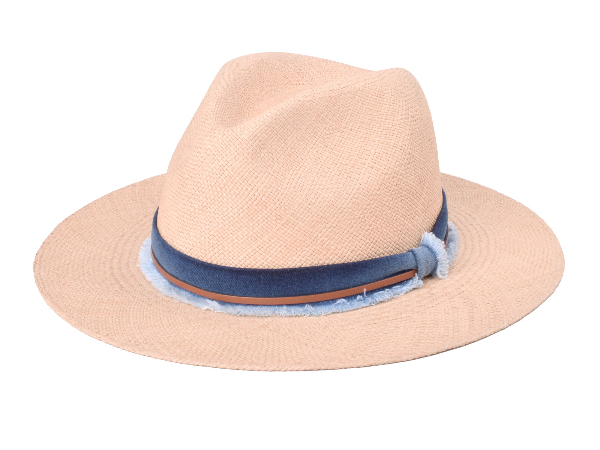 Beige straw hat with a blue band on a white background