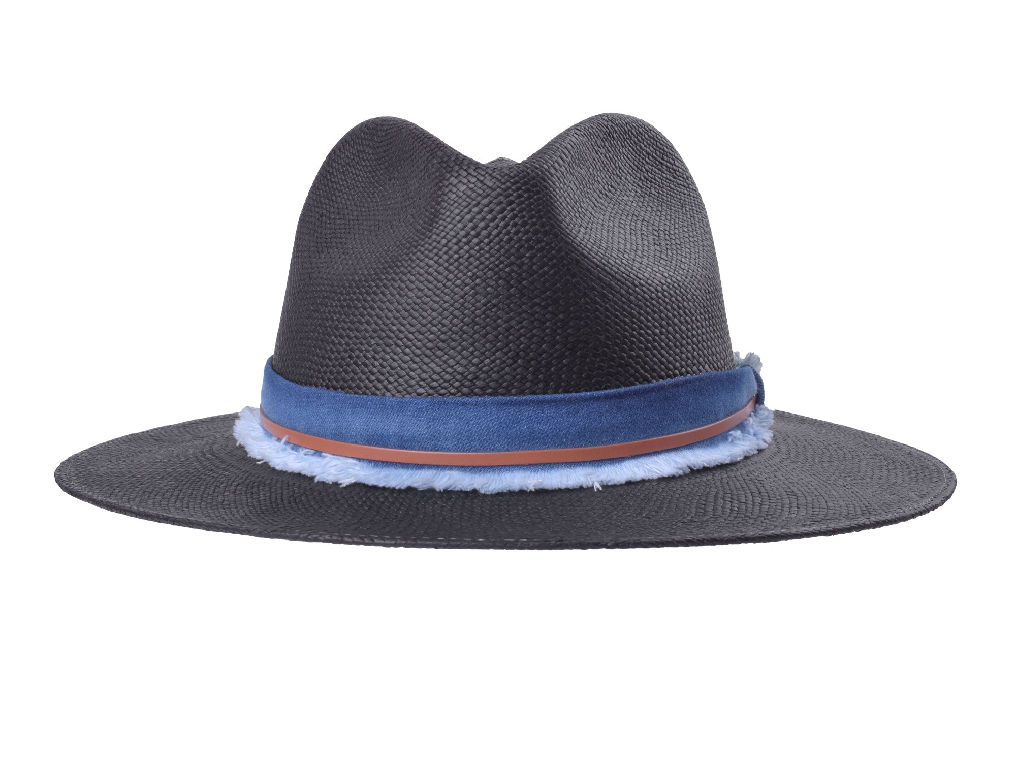 Black straw hat with a blue band on a white background