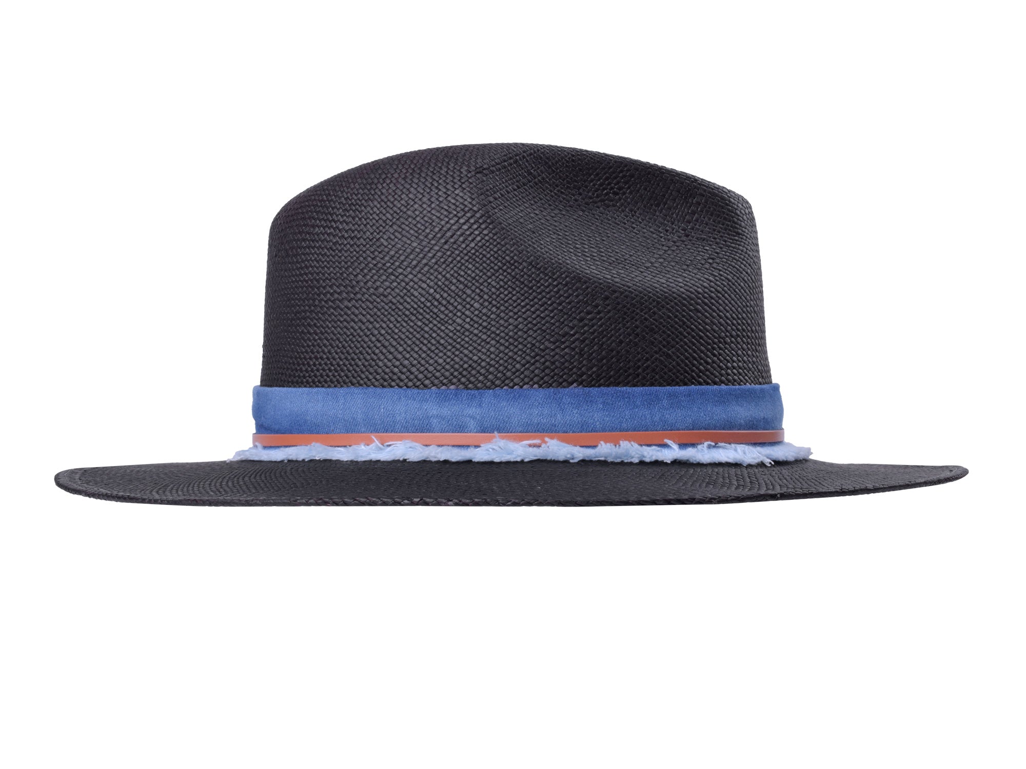 Black straw hat with a blue band on a white background