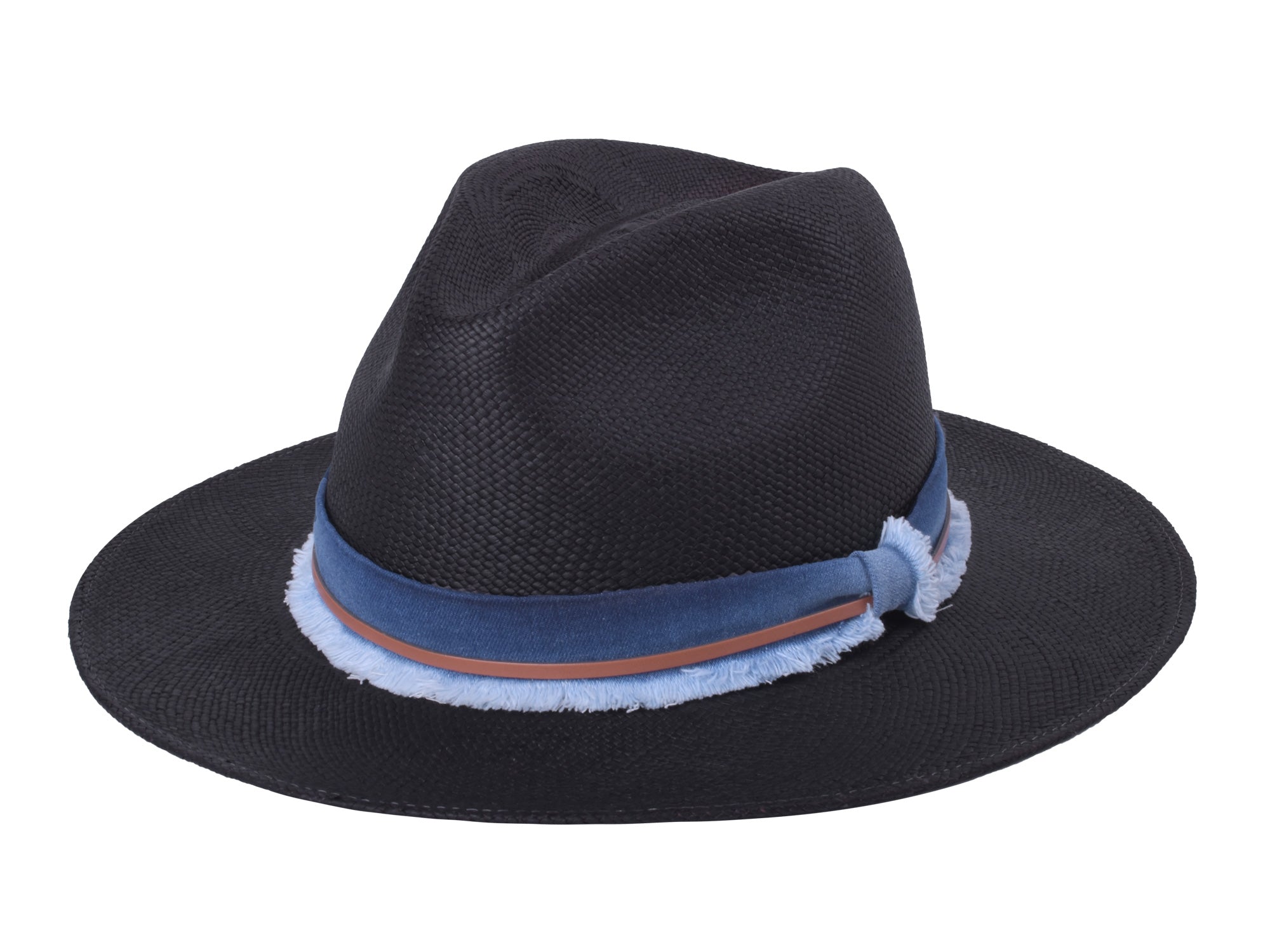 Black fedora hat with a blue band and white fur trim on a white background